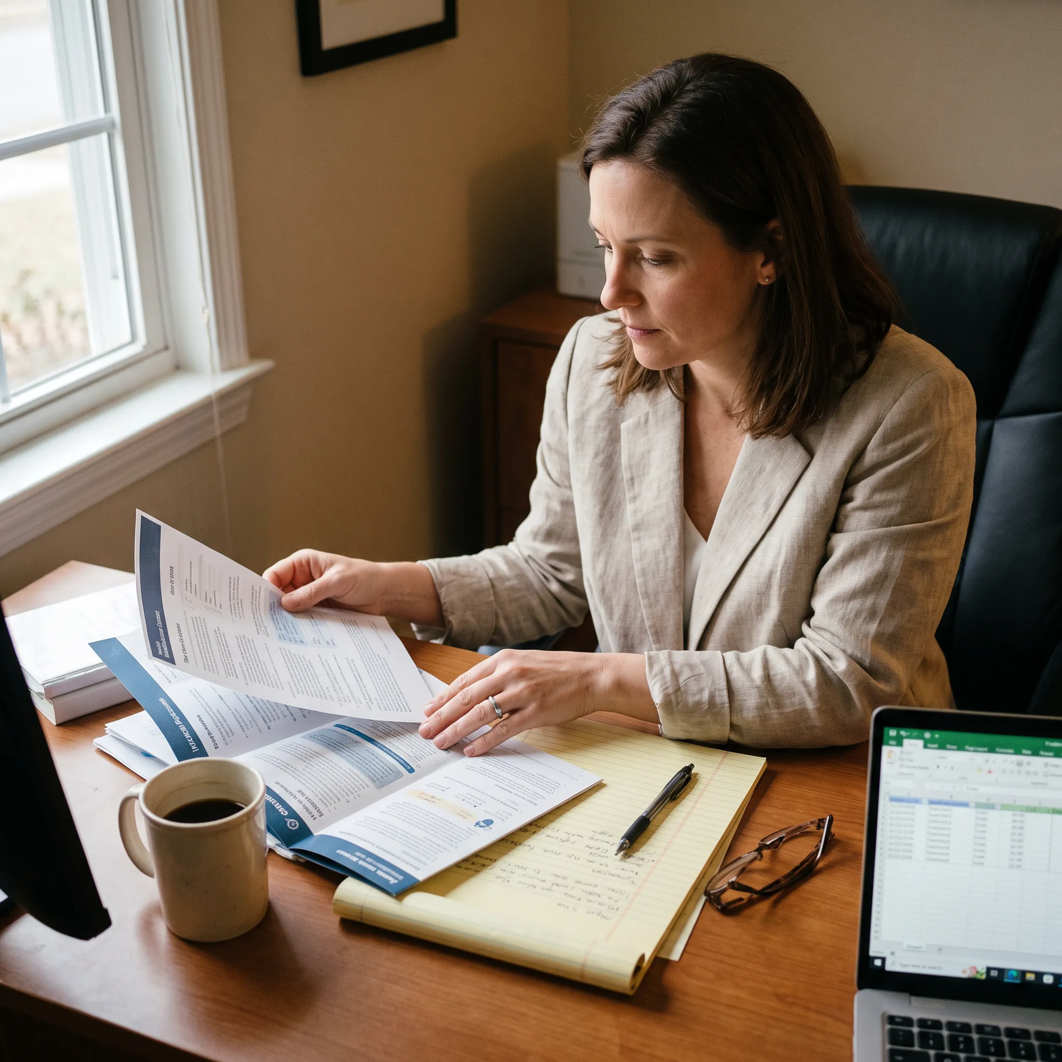 An independent healthcare advisor reviewing medical insurance plan comparison documents for parents