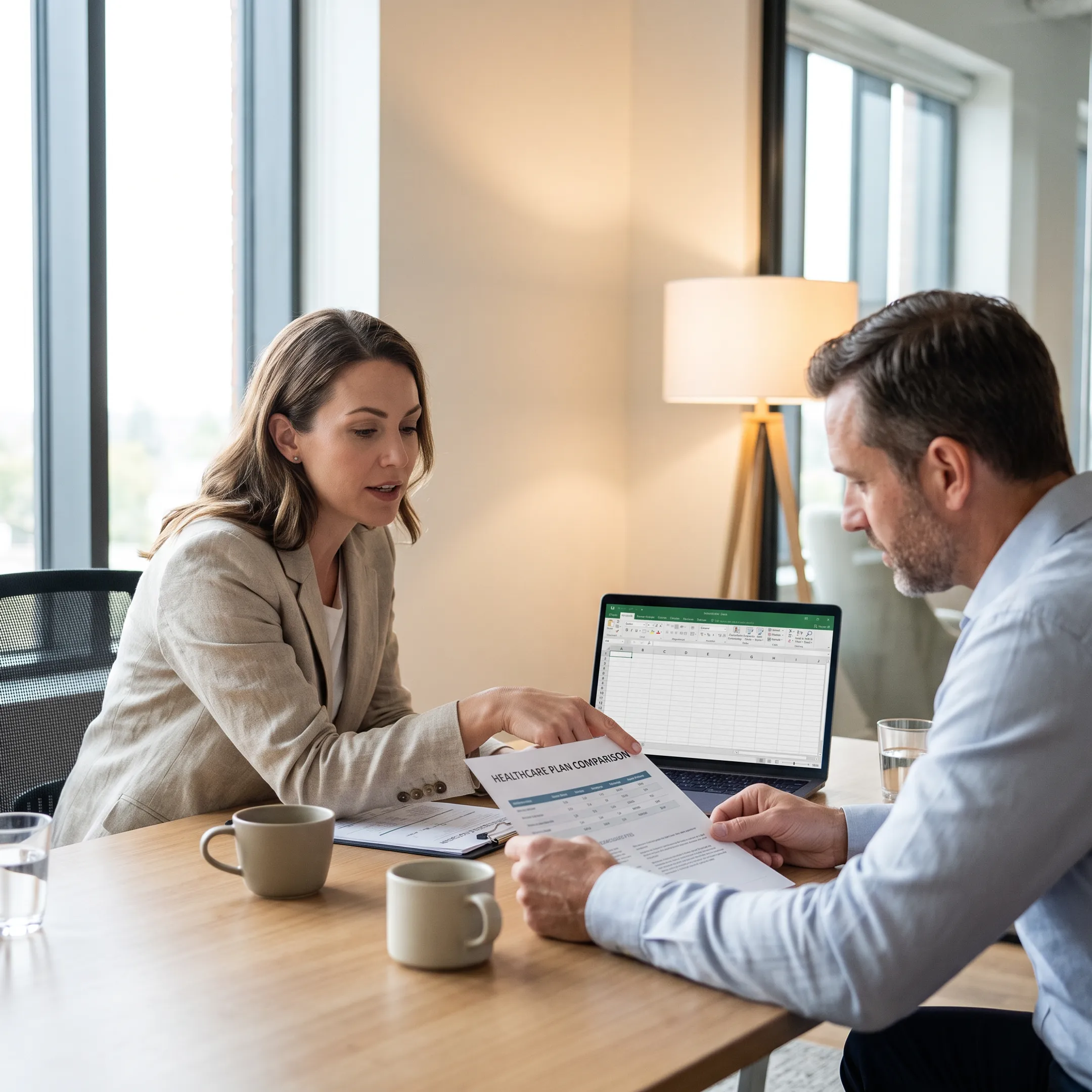 Independent health insurance broker reviewing plan options with a client in an office setting