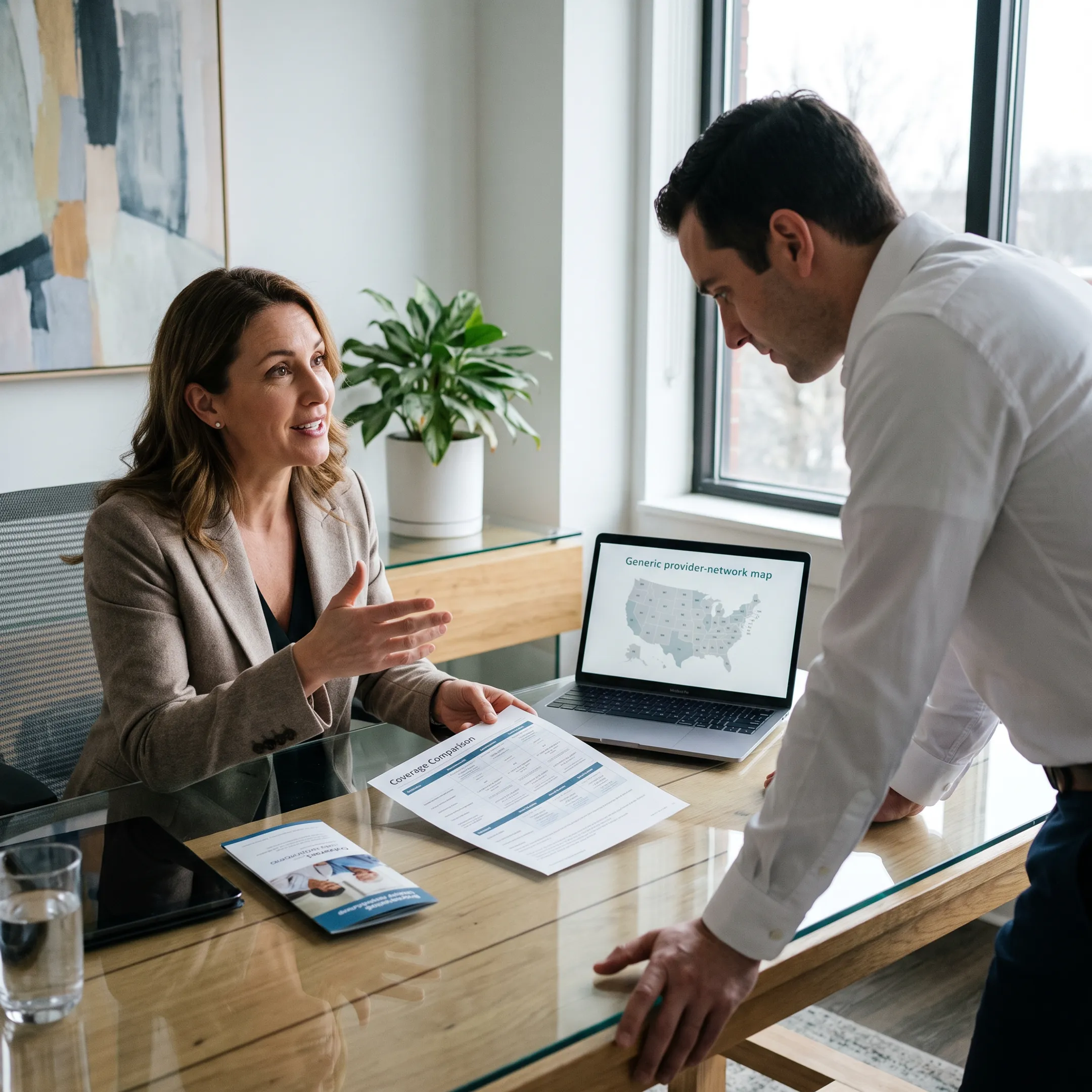 Advisor reviewing national provider network health insurance options