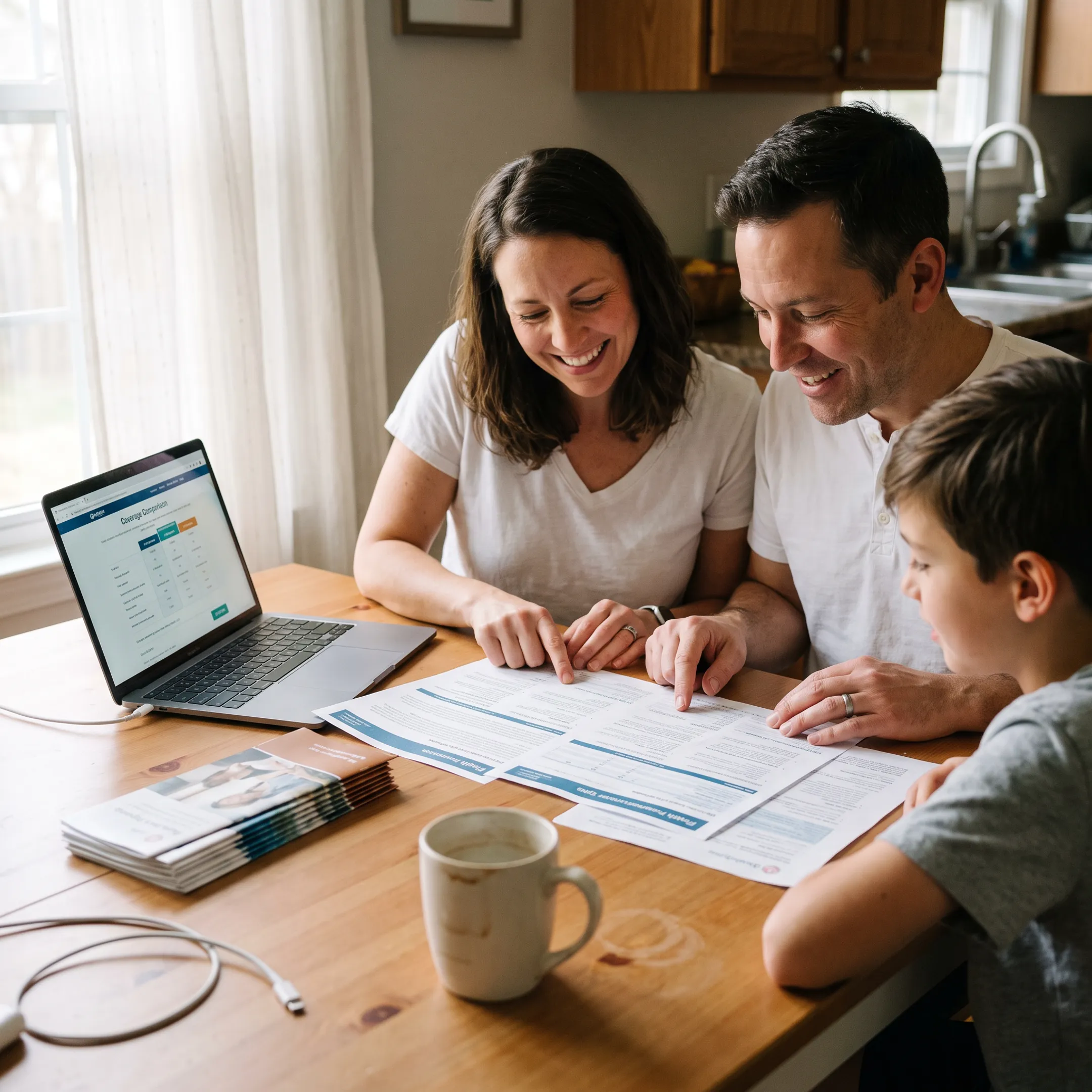 Family reviewing affordable health insurance plan options together