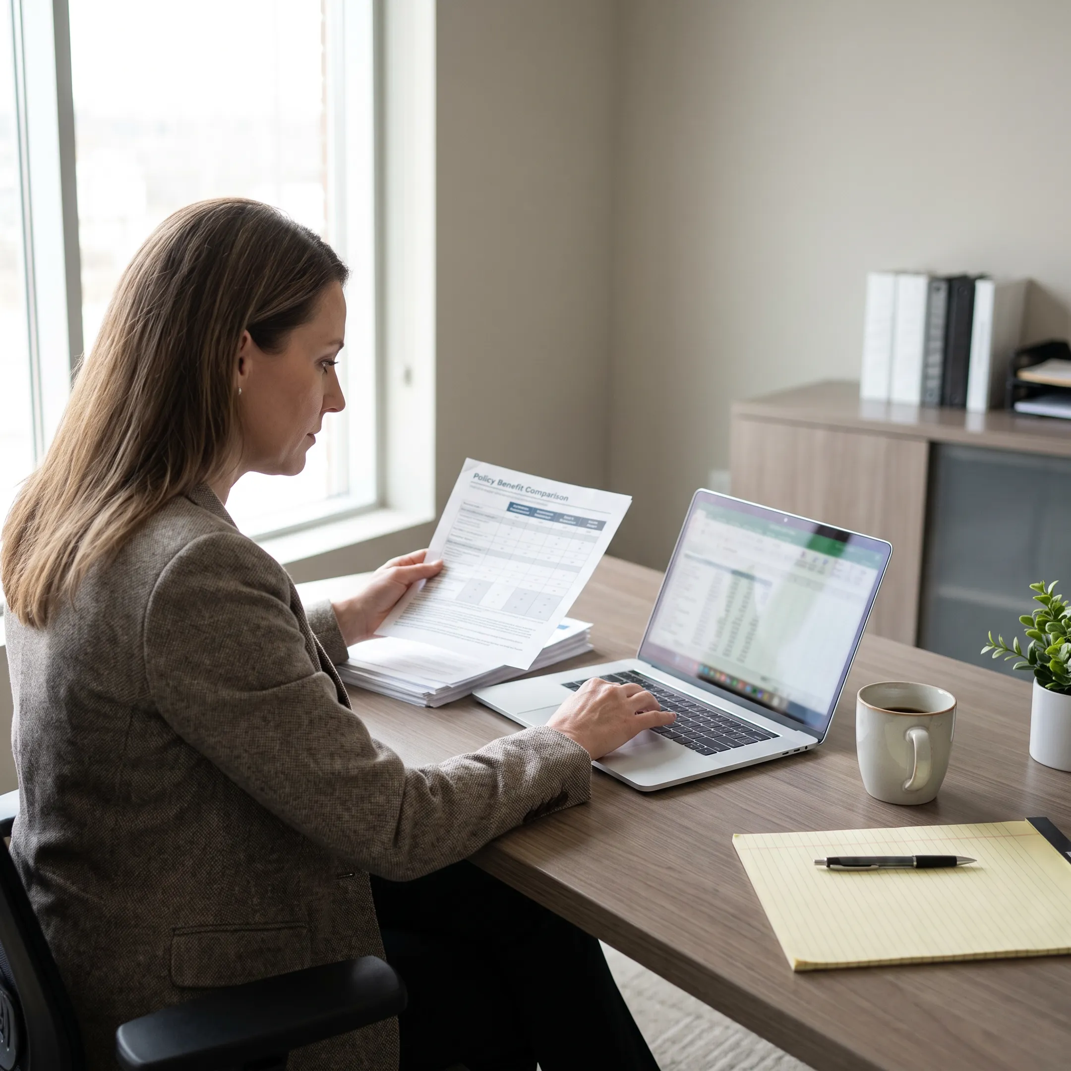 Insurance advisor reviewing benefits comparison charts with client