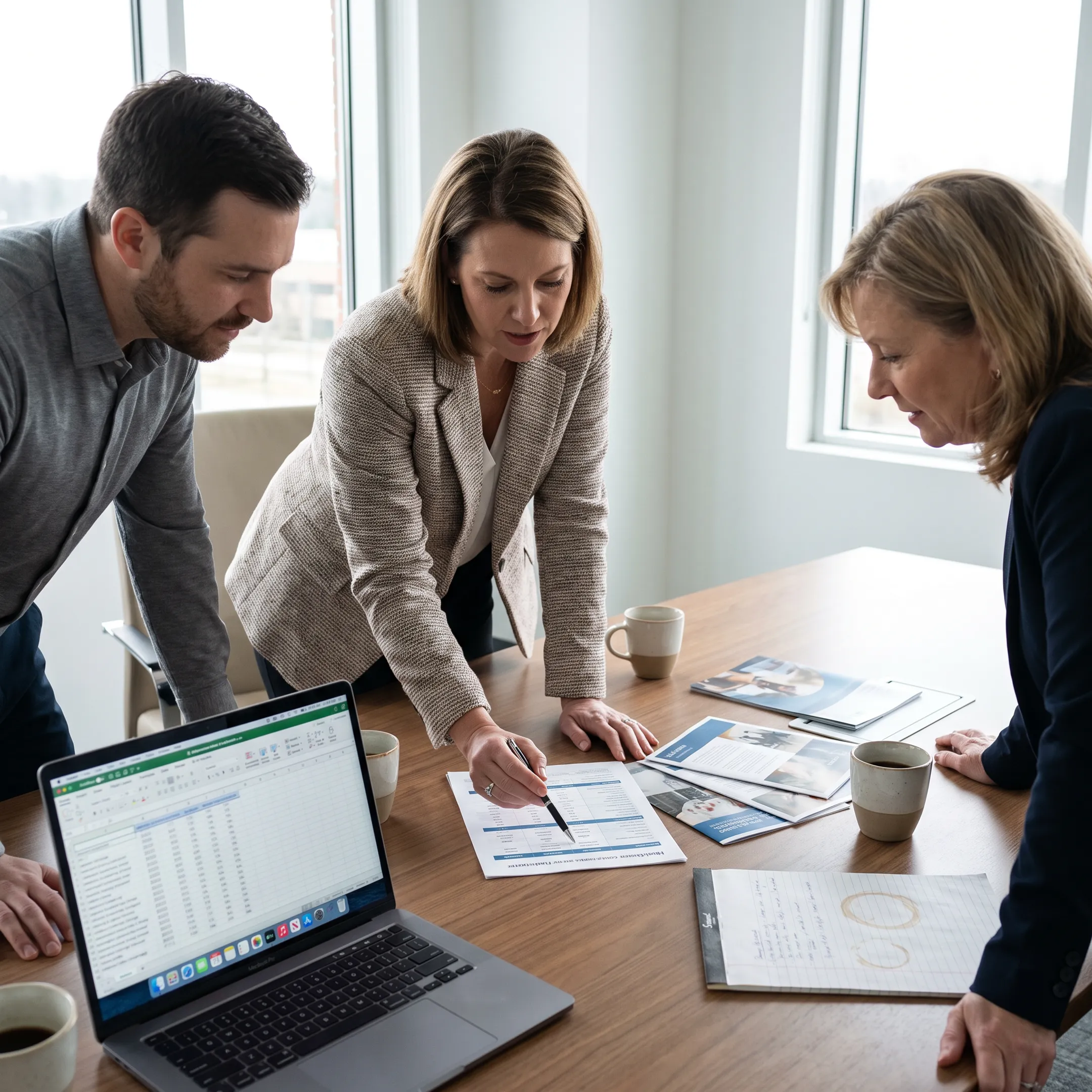 Small business team reviewing health insurance coverage options in an office