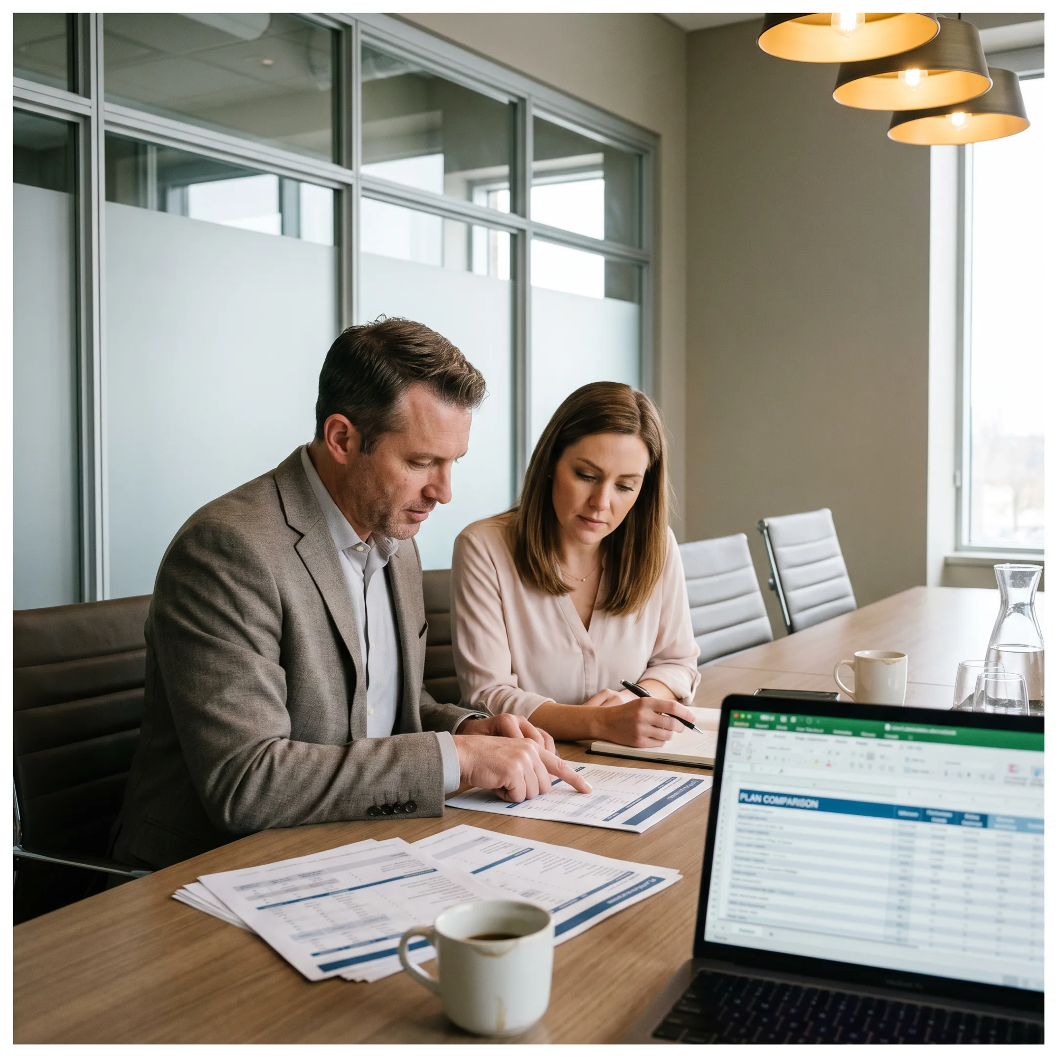Executive reviewing enterprise health insurance plan comparison documents in an office