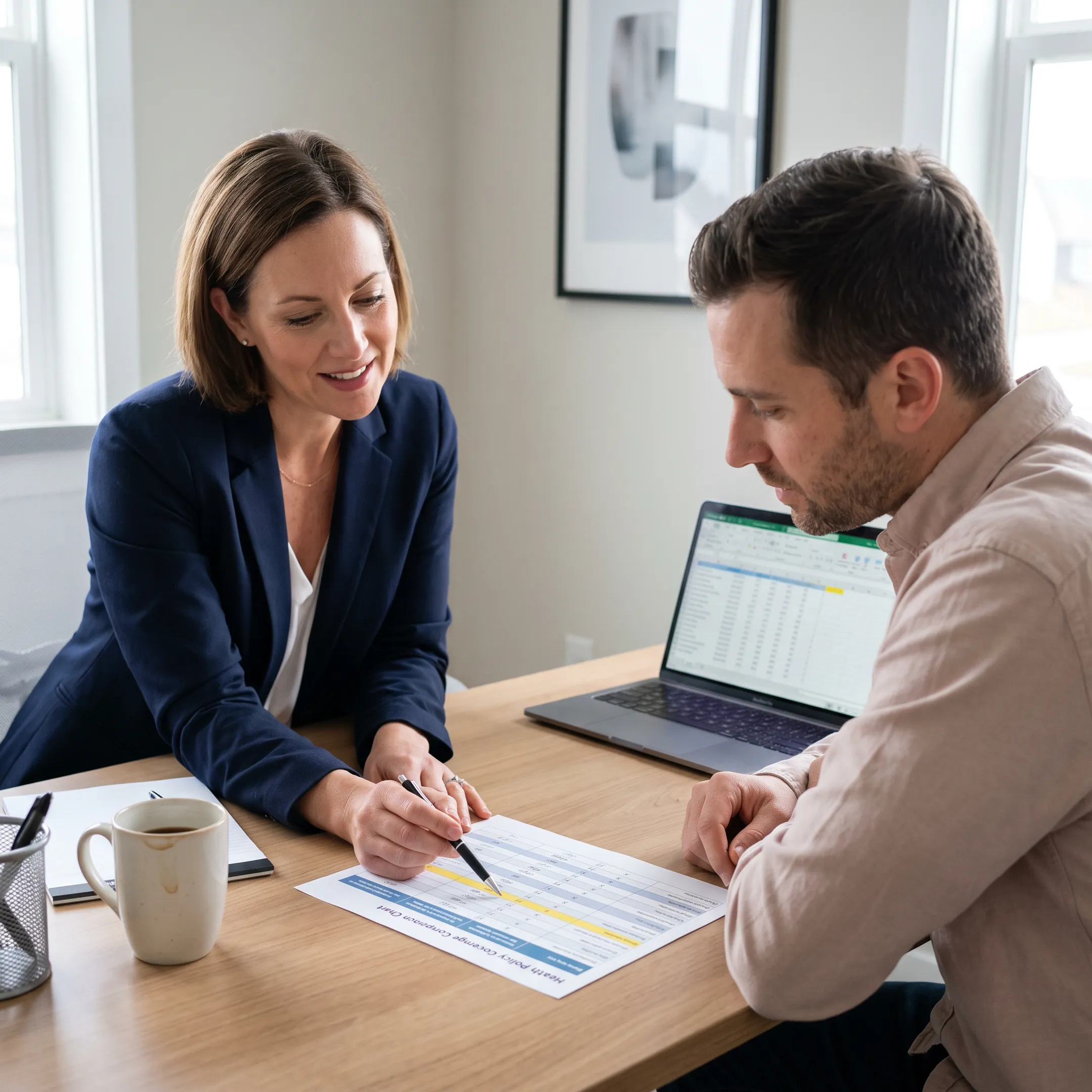 Insurance advisor reviewing affordable healthcare plan options for a client