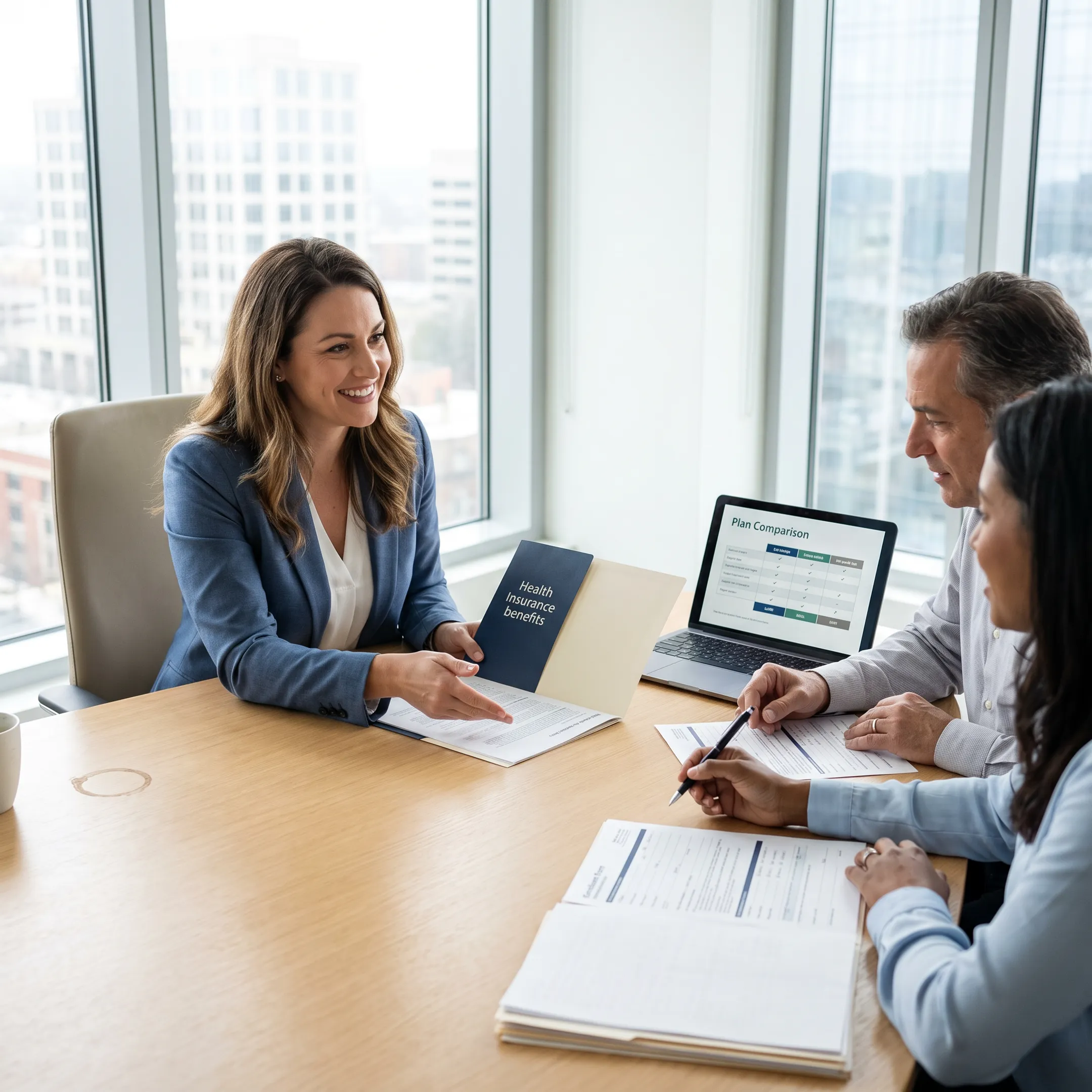 Small business owner discussing group health plan benefits with a team