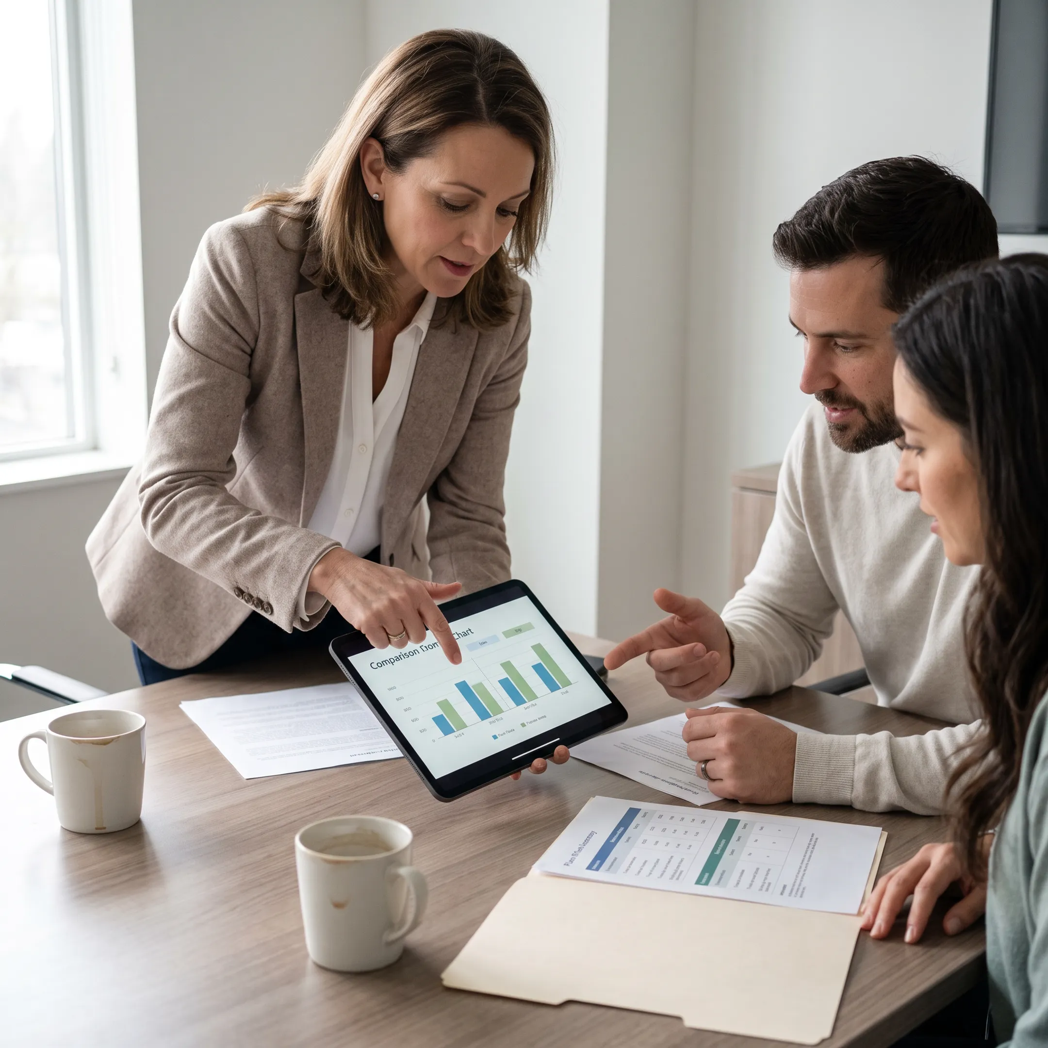 Independent health insurance consultant reviewing policy comparisons with a client