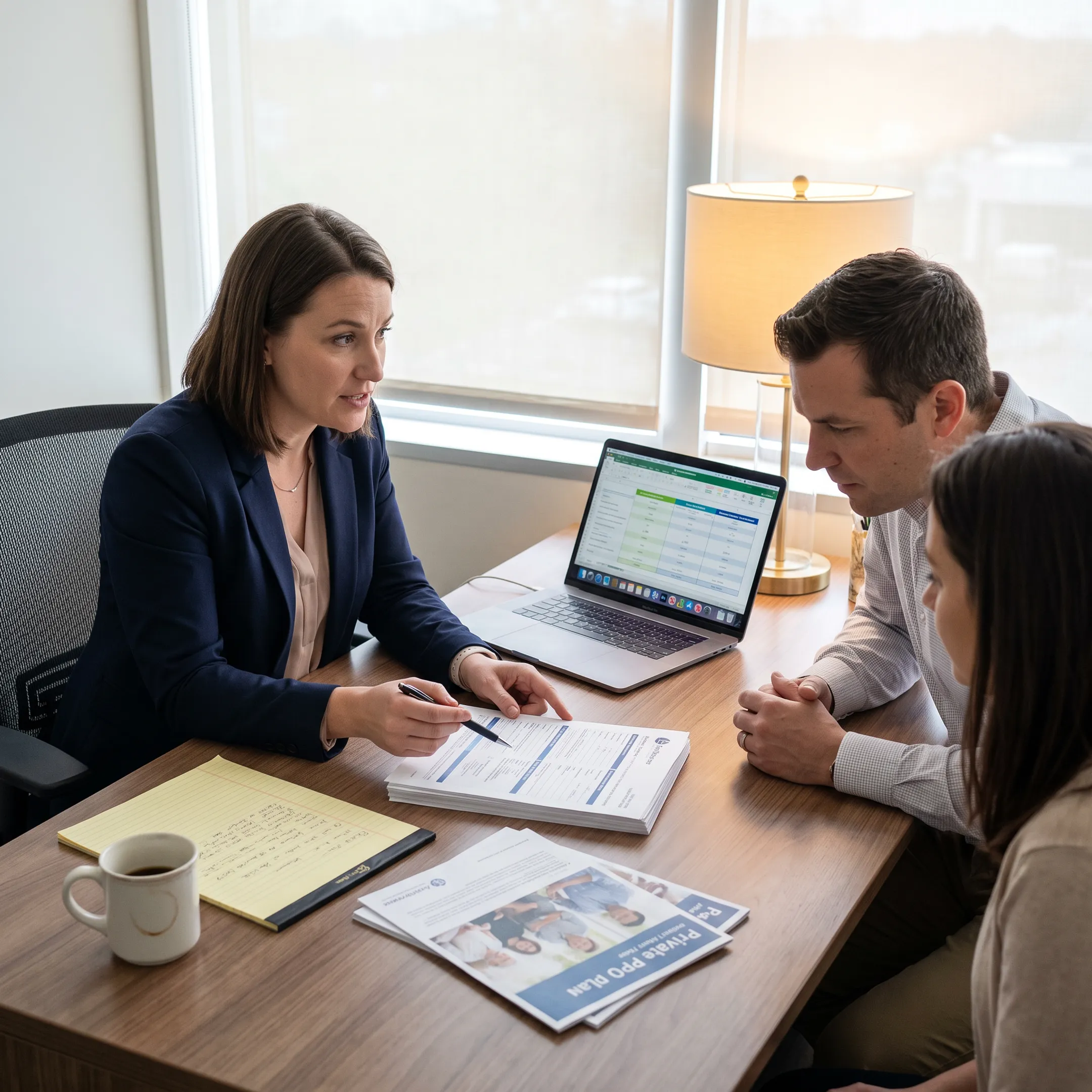 Dallas insurance broker reviewing healthcare policy documents with clients