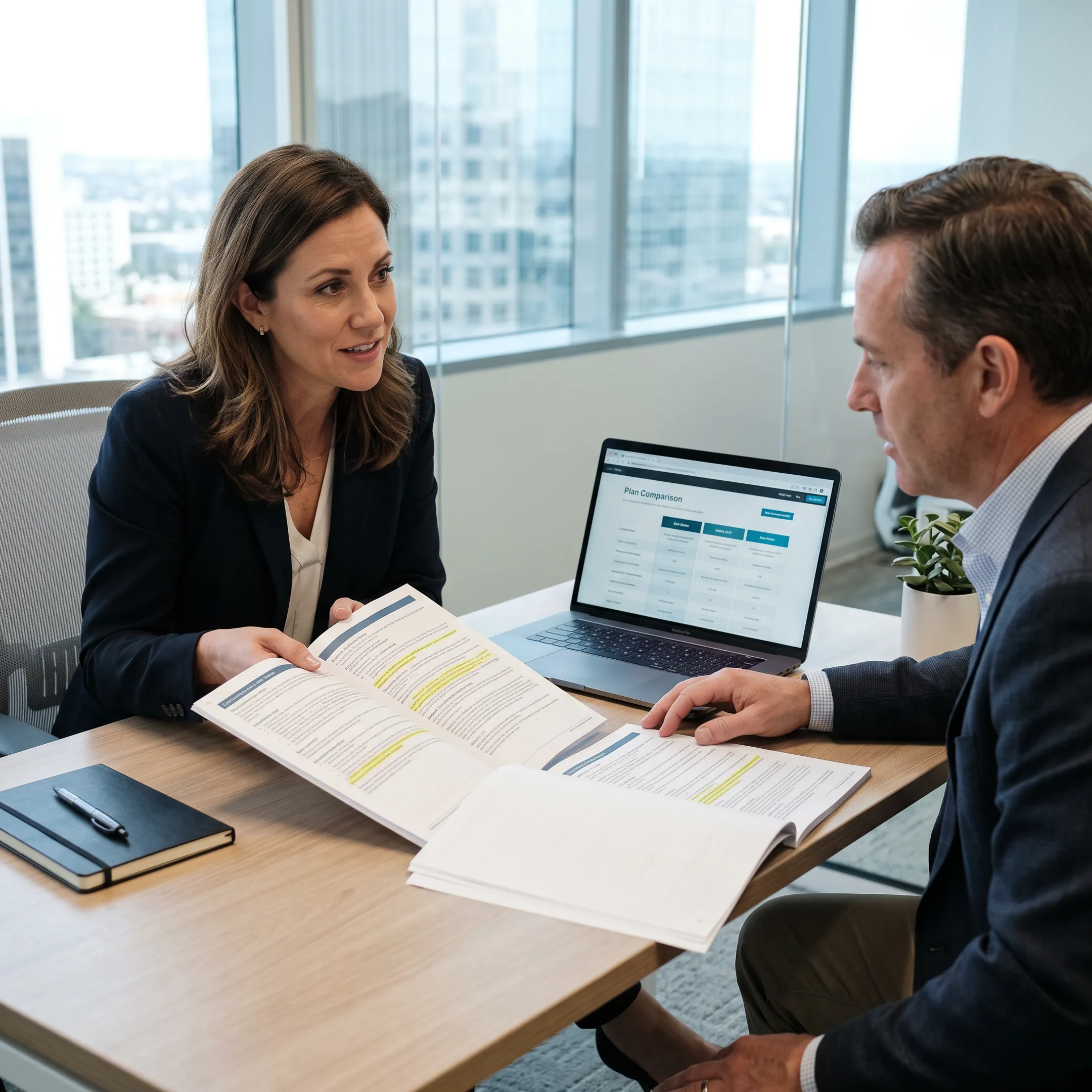 Independent health insurance broker reviewing private health plan options on laptop with client