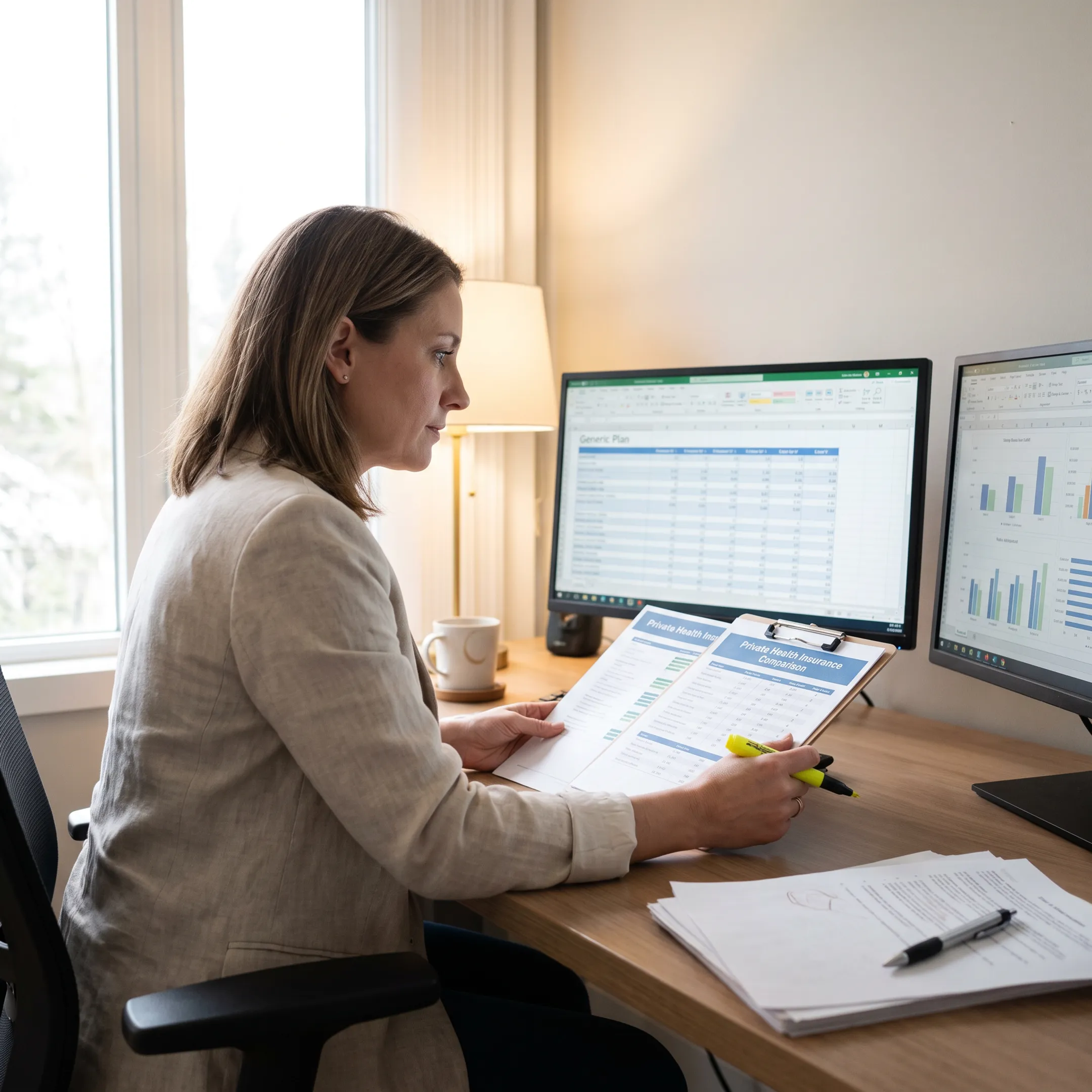 Independent healthcare advisor reviewing health insurance plan options on a laptop with a client