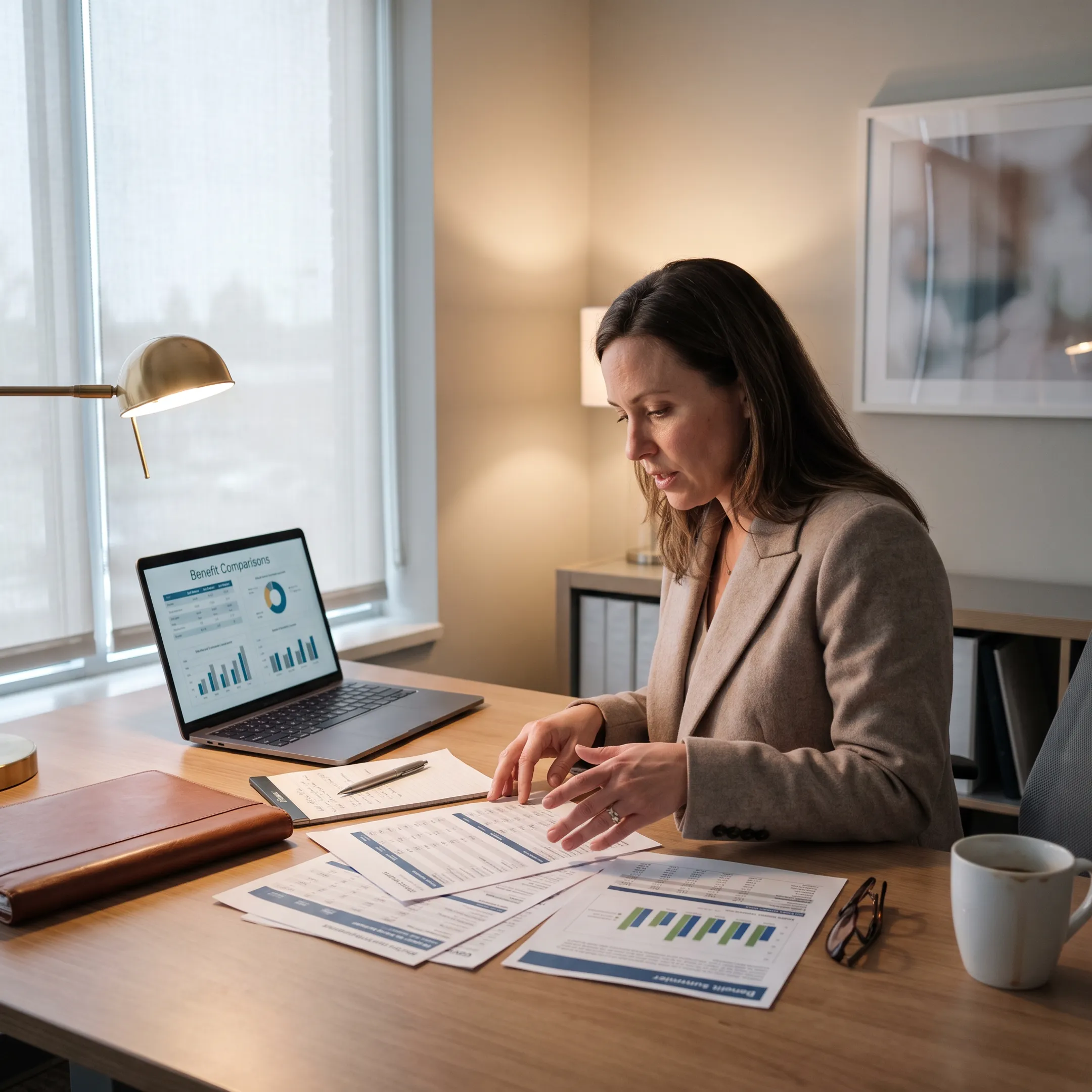 Independent health insurance advisor reviewing provider comparison charts with a client