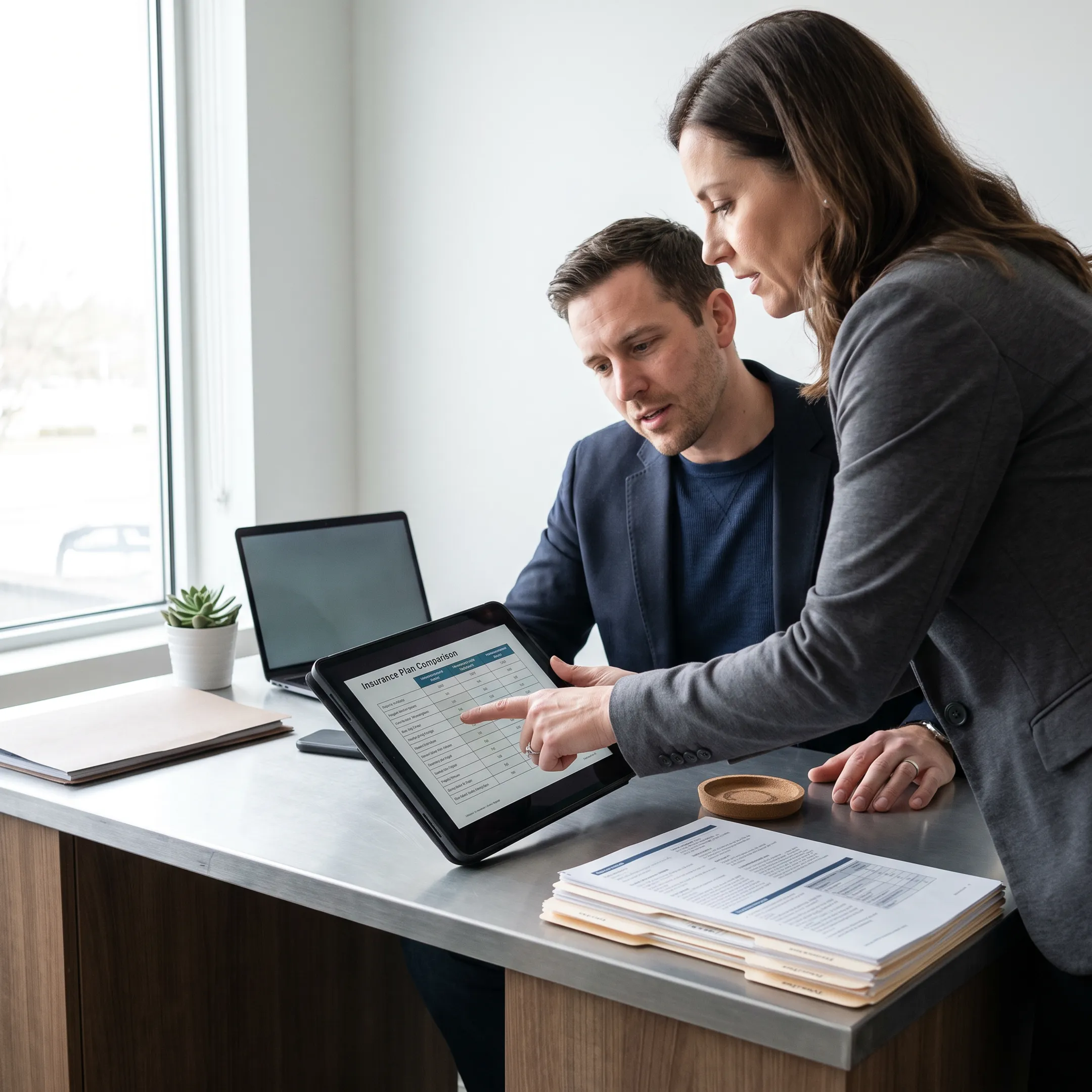 Independent health insurance broker reviewing plan options with clients