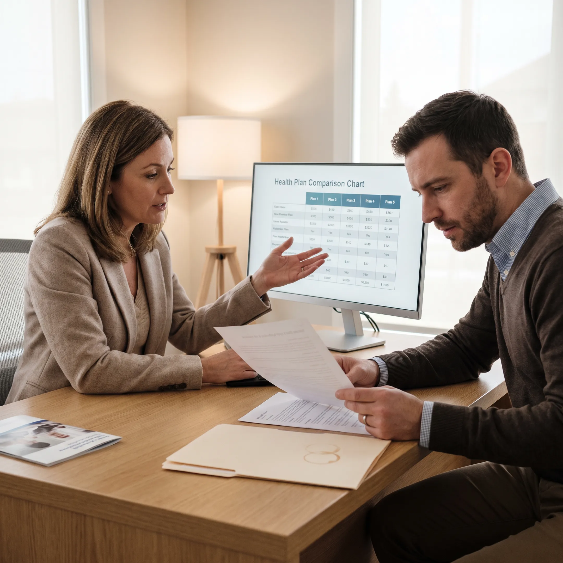 Independent health insurance broker reviewing plan options with a client during an advisory consultation