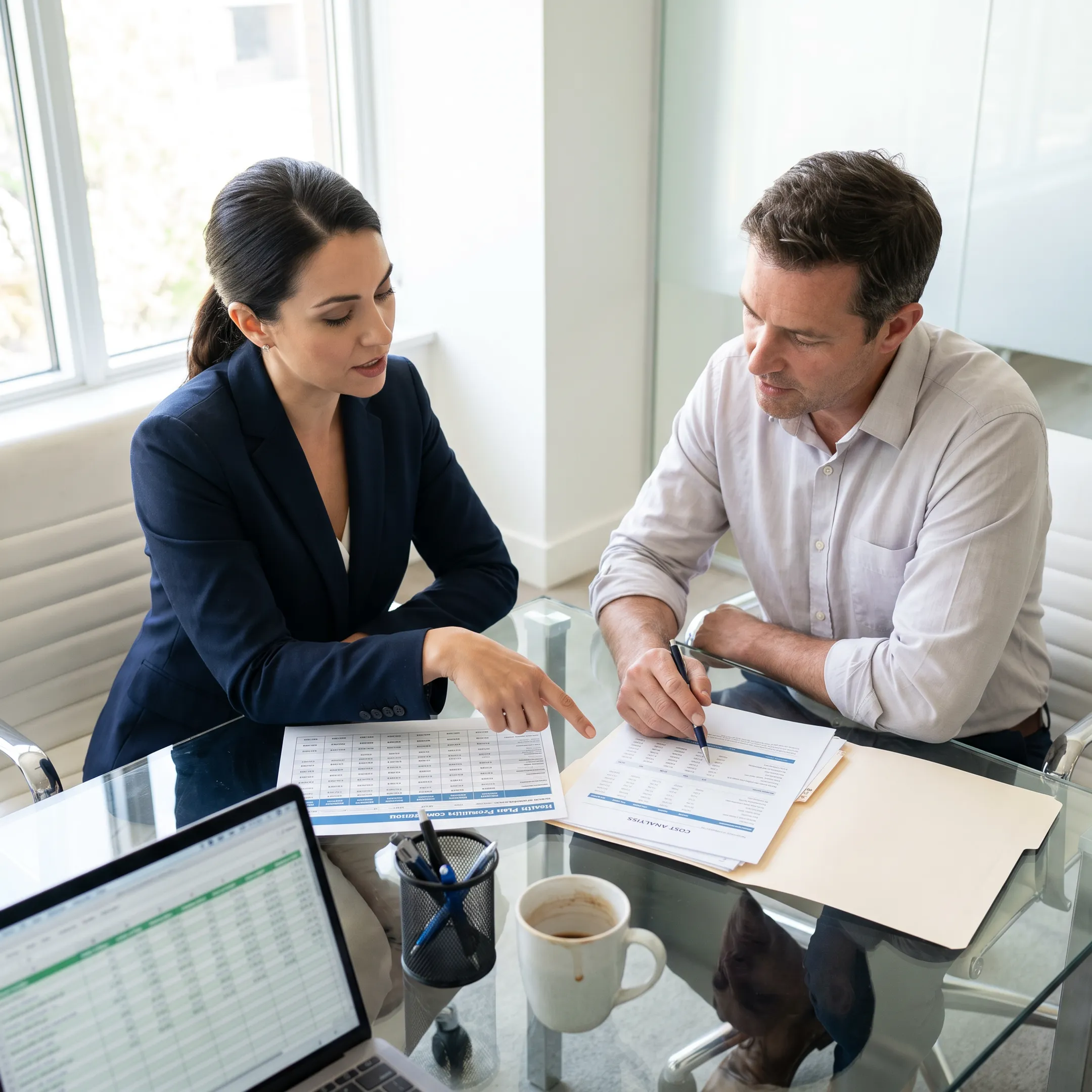 Independent health insurance broker reviewing plan cost comparisons on a desk