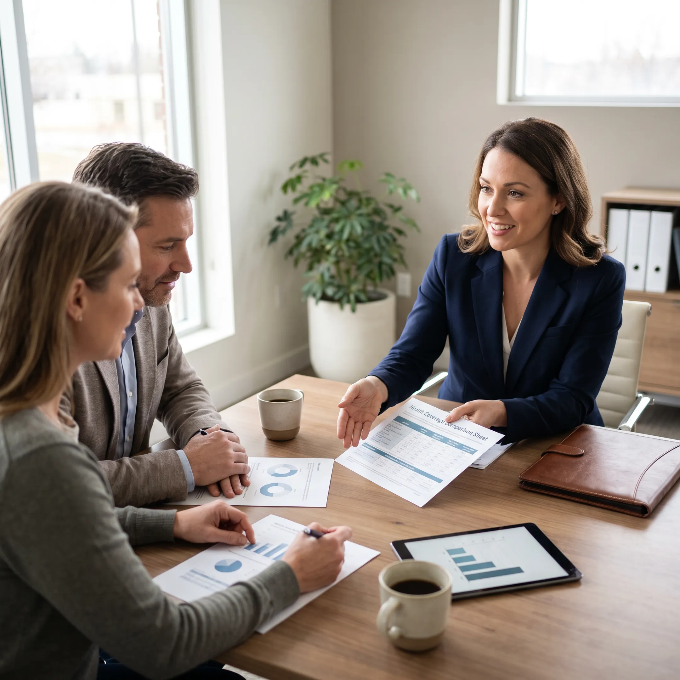 Independent medical insurance advisor consulting with clients in a bright office