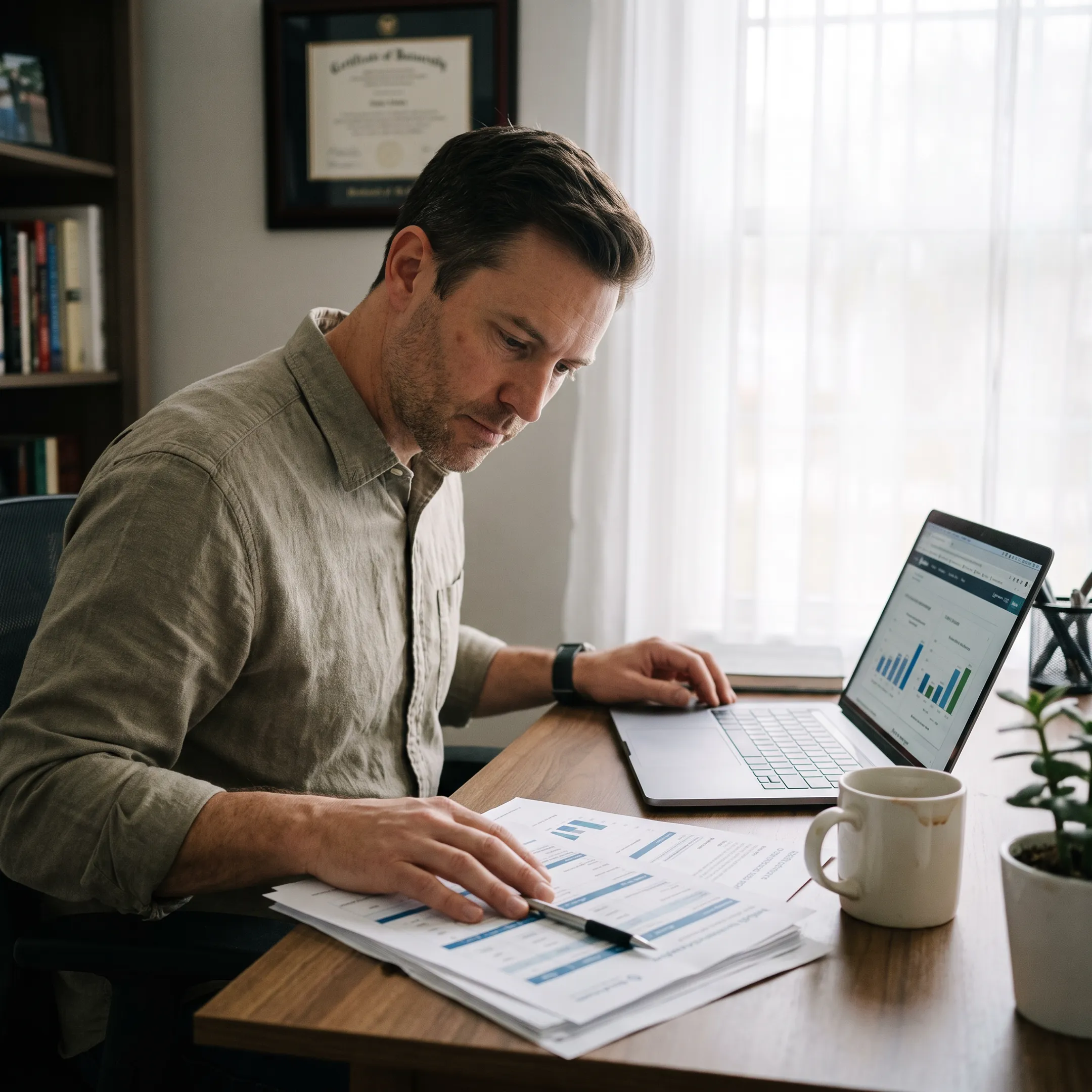 Self-employed professional reviewing health insurance plan options on a laptop