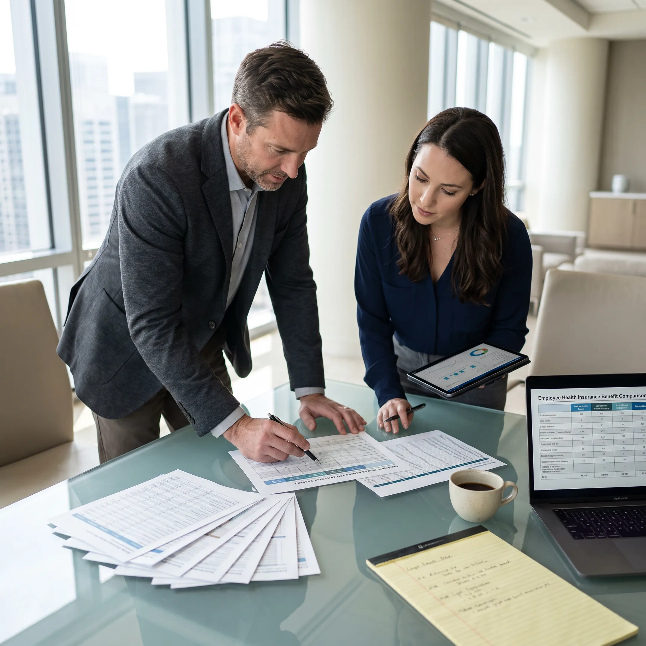 Business leaders reviewing group health plan costs in a conference room