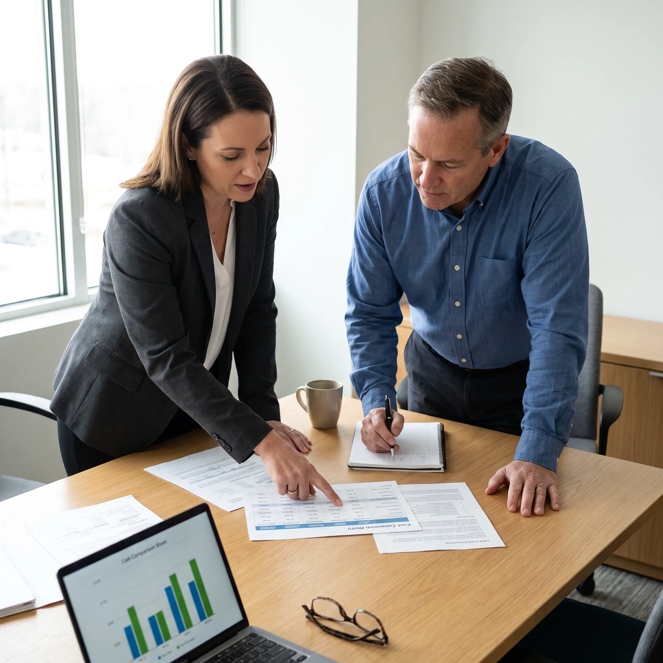 Financial and health insurance advisor comparing plan costs and benefit documents with a client at an office desk