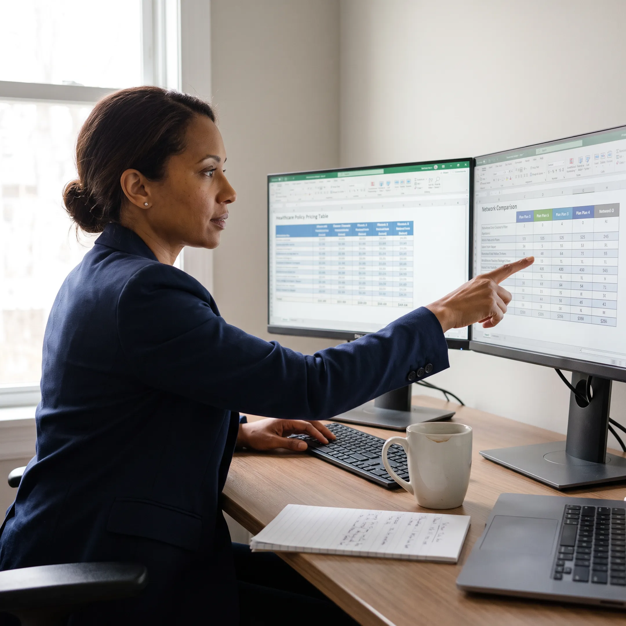 Independent health insurance broker reviewing plan cost comparisons on a laptop in Dallas office