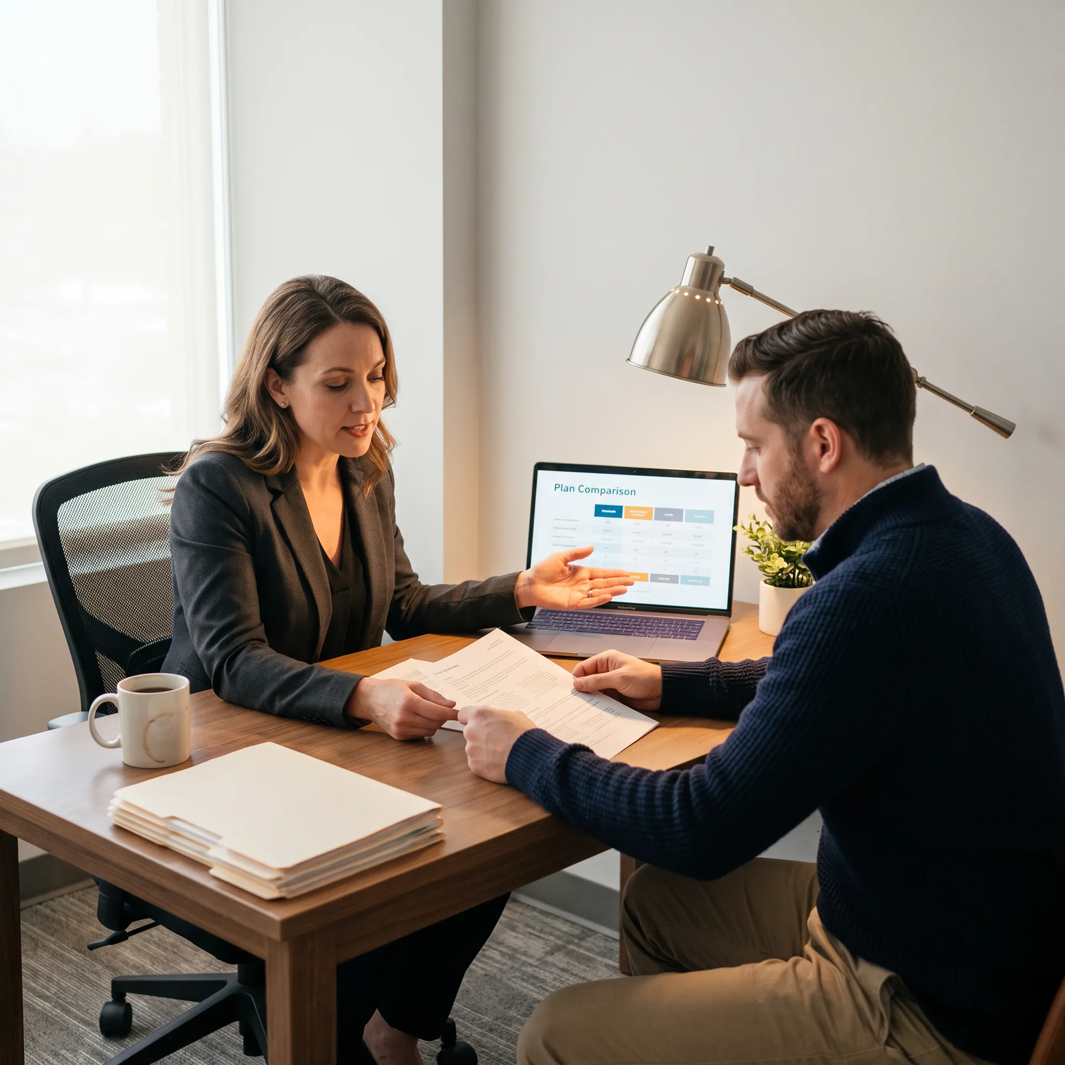 Independent health insurance broker reviewing plan options for a client