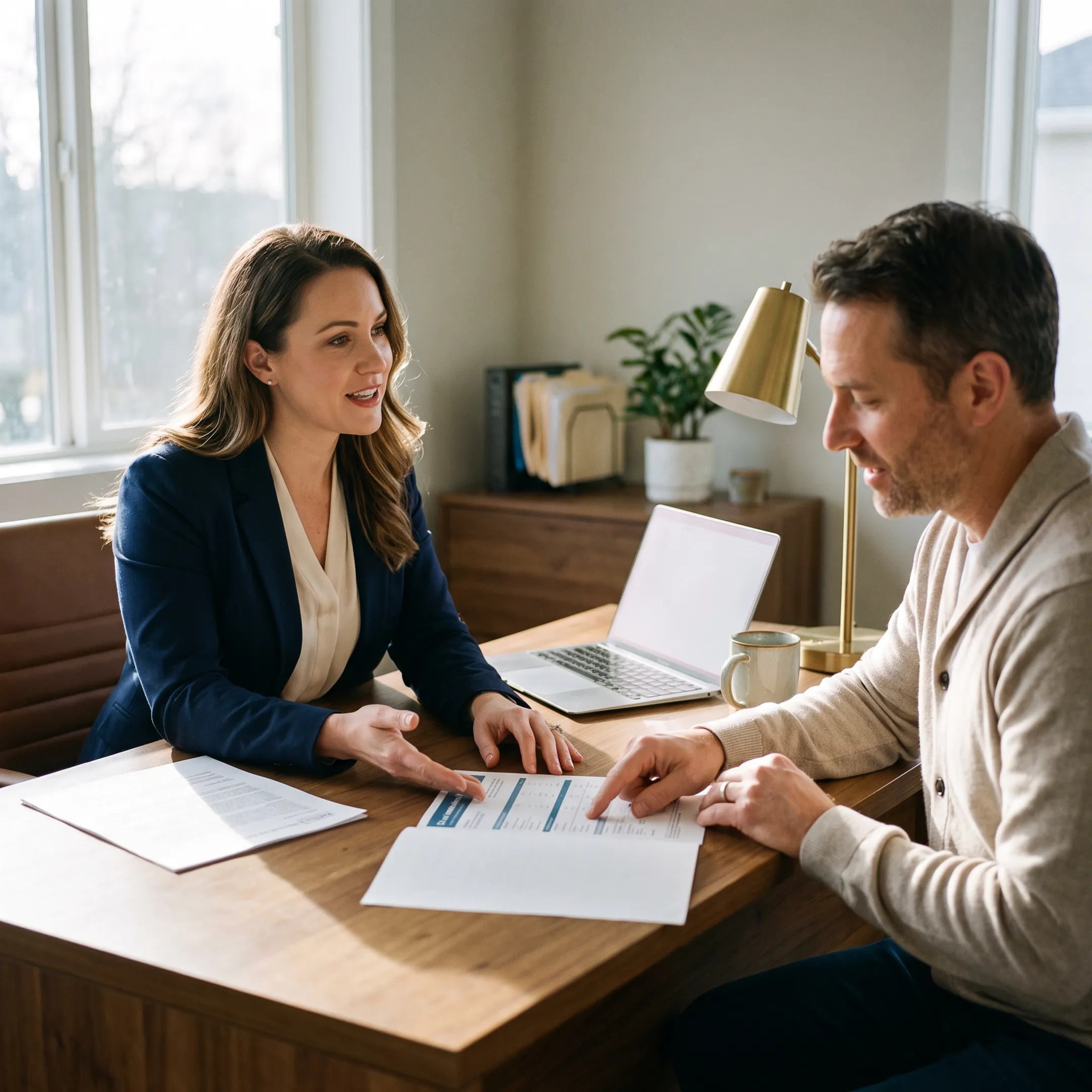 Insurance agent discussing healthcare coverage options with a client in an office