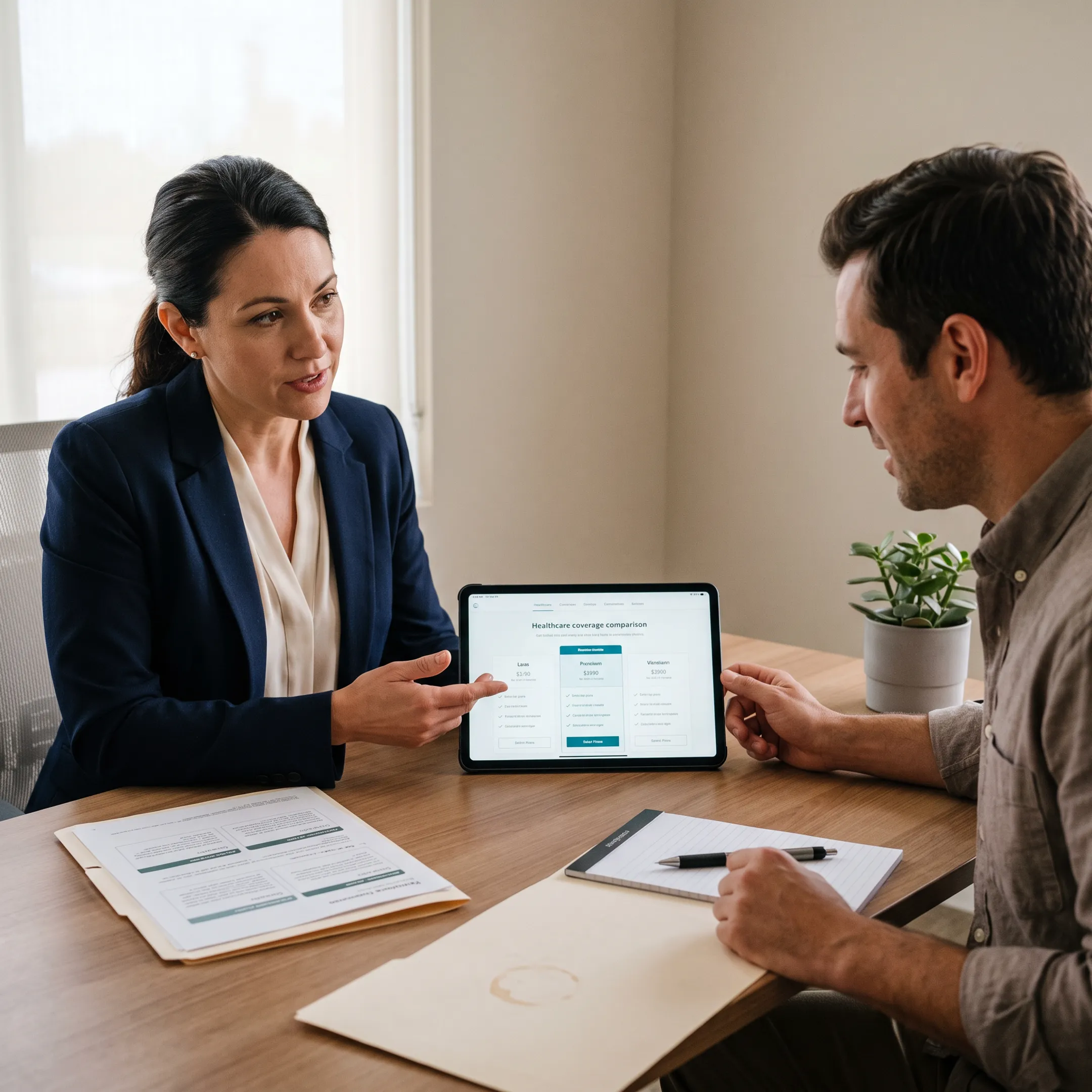 Independent health insurance broker reviewing plan comparison charts with a client