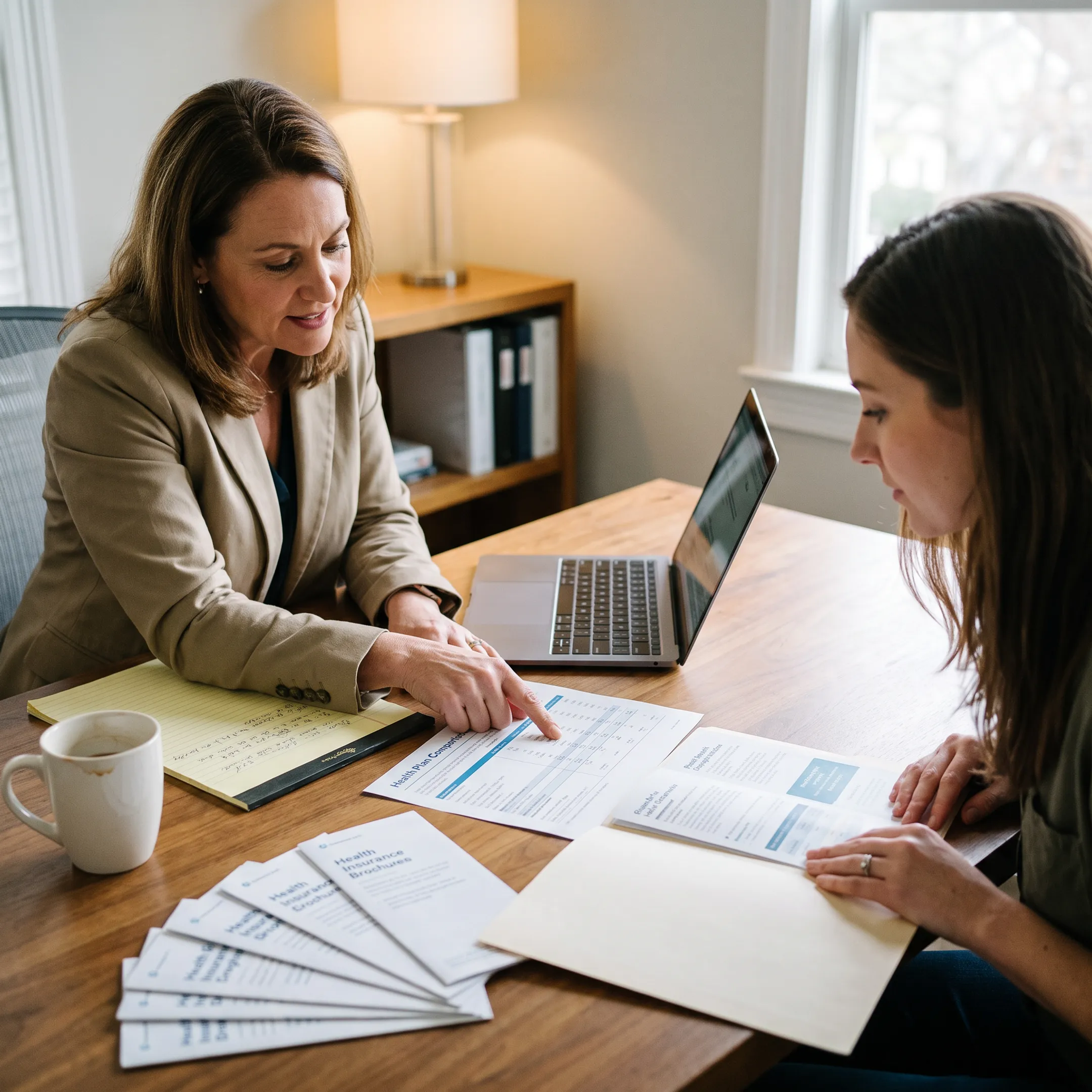 A woman reviewing health insurance coverage options with an independent broker