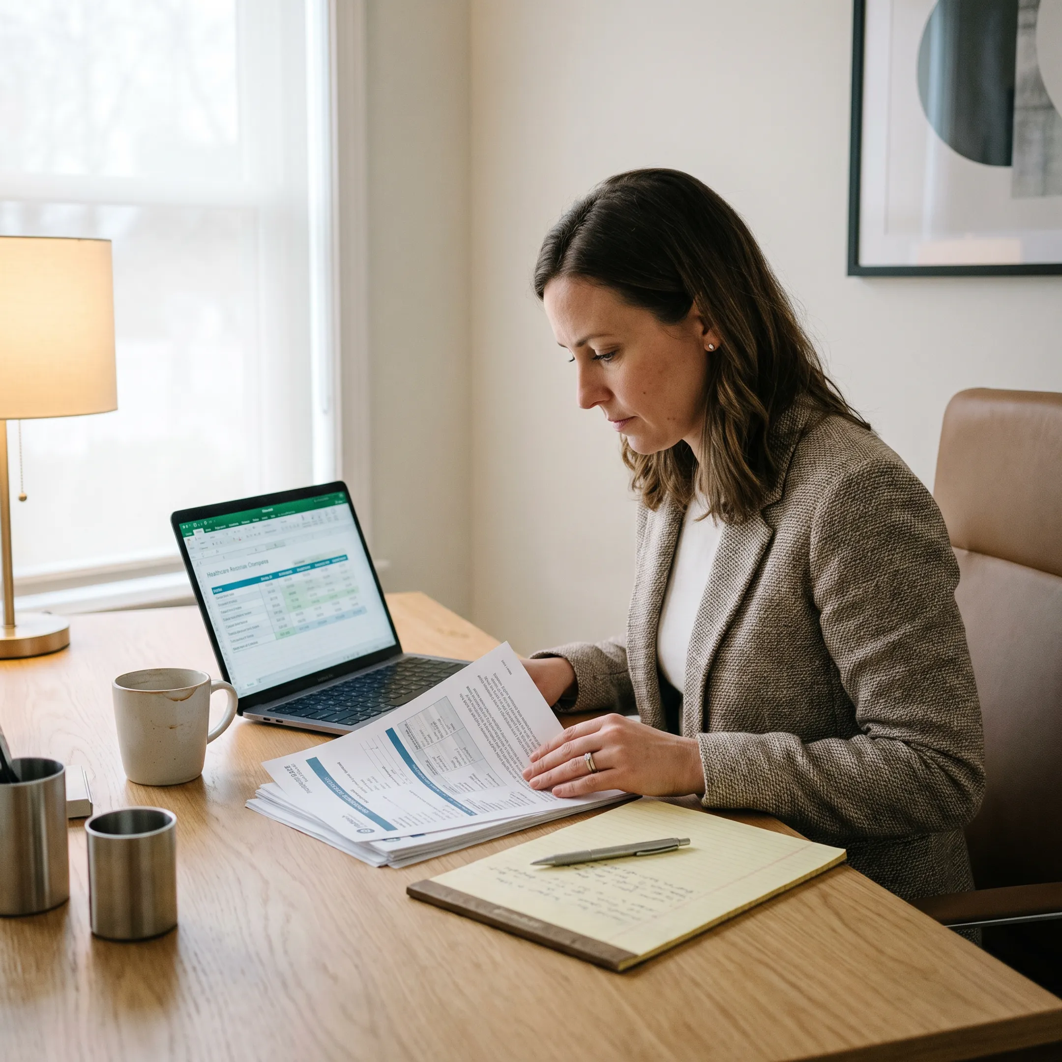 Independent health insurance agent reviewing policy options on a laptop in an Austin office