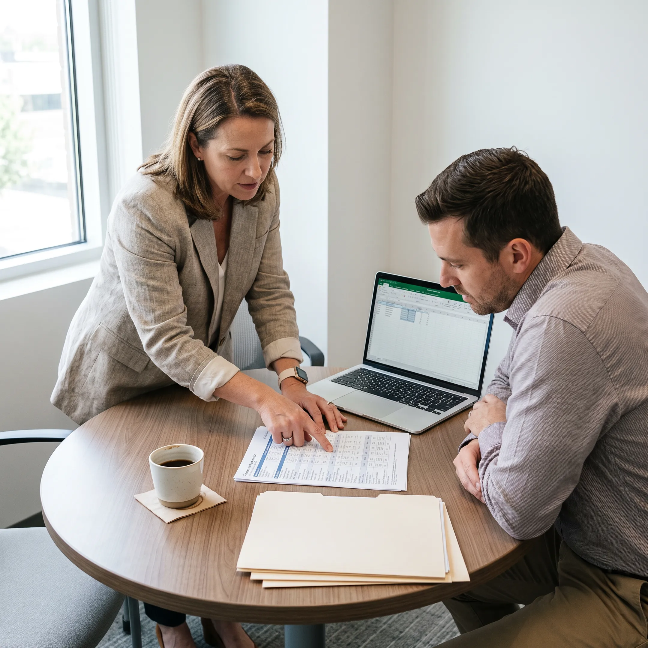 Insurance advisor reviewing health coverage plan options on a laptop with clients