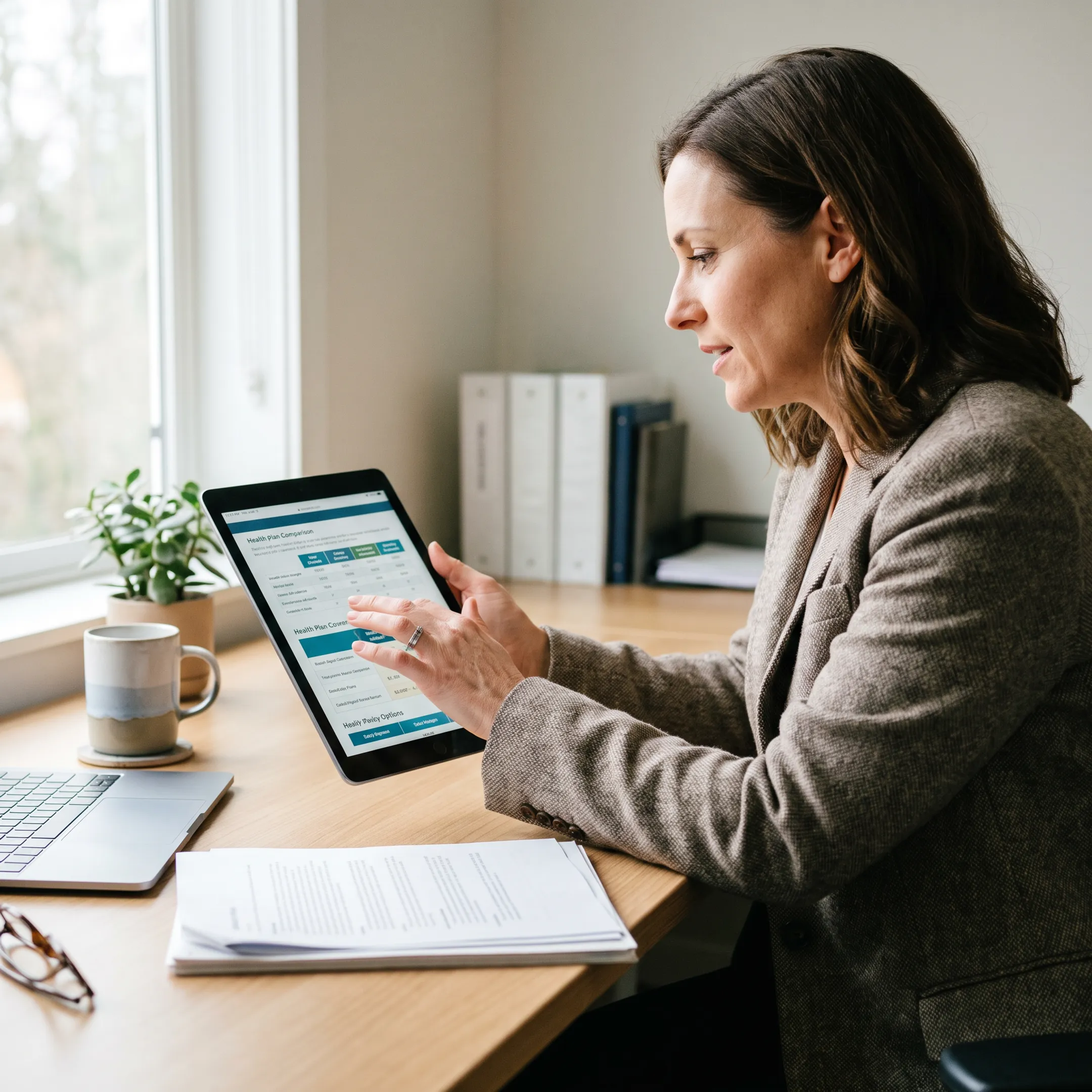 Health insurance advisor comparing coverage plan documents on a digital tablet
