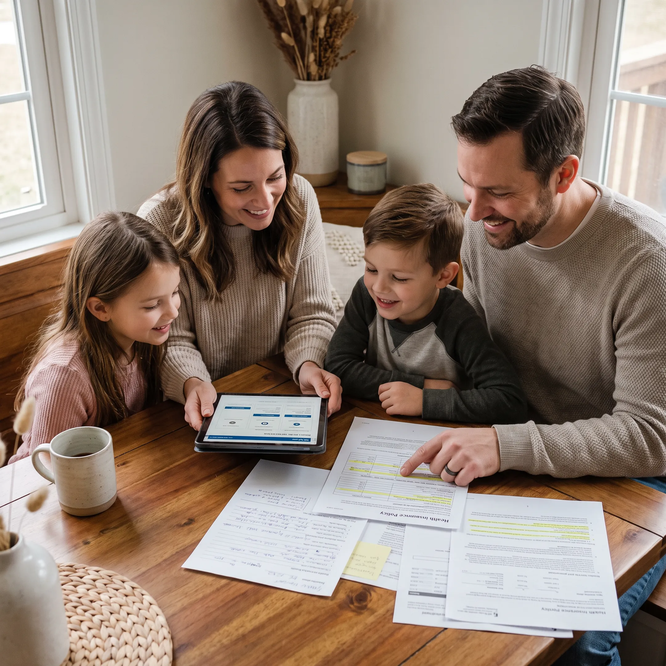 Family reviewing health insurance options together at home