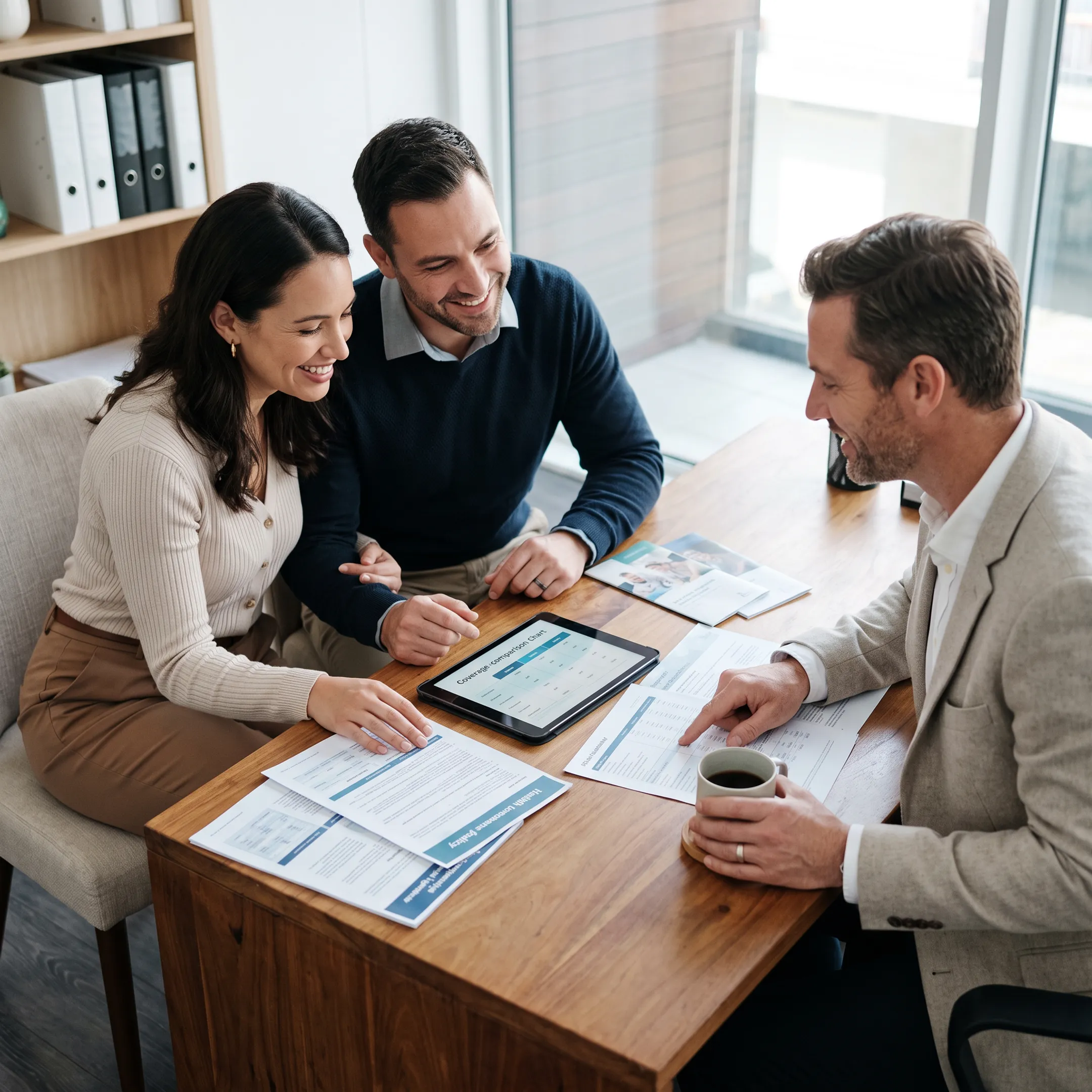 Married couple reviewing health insurance policy paperwork with an advisor