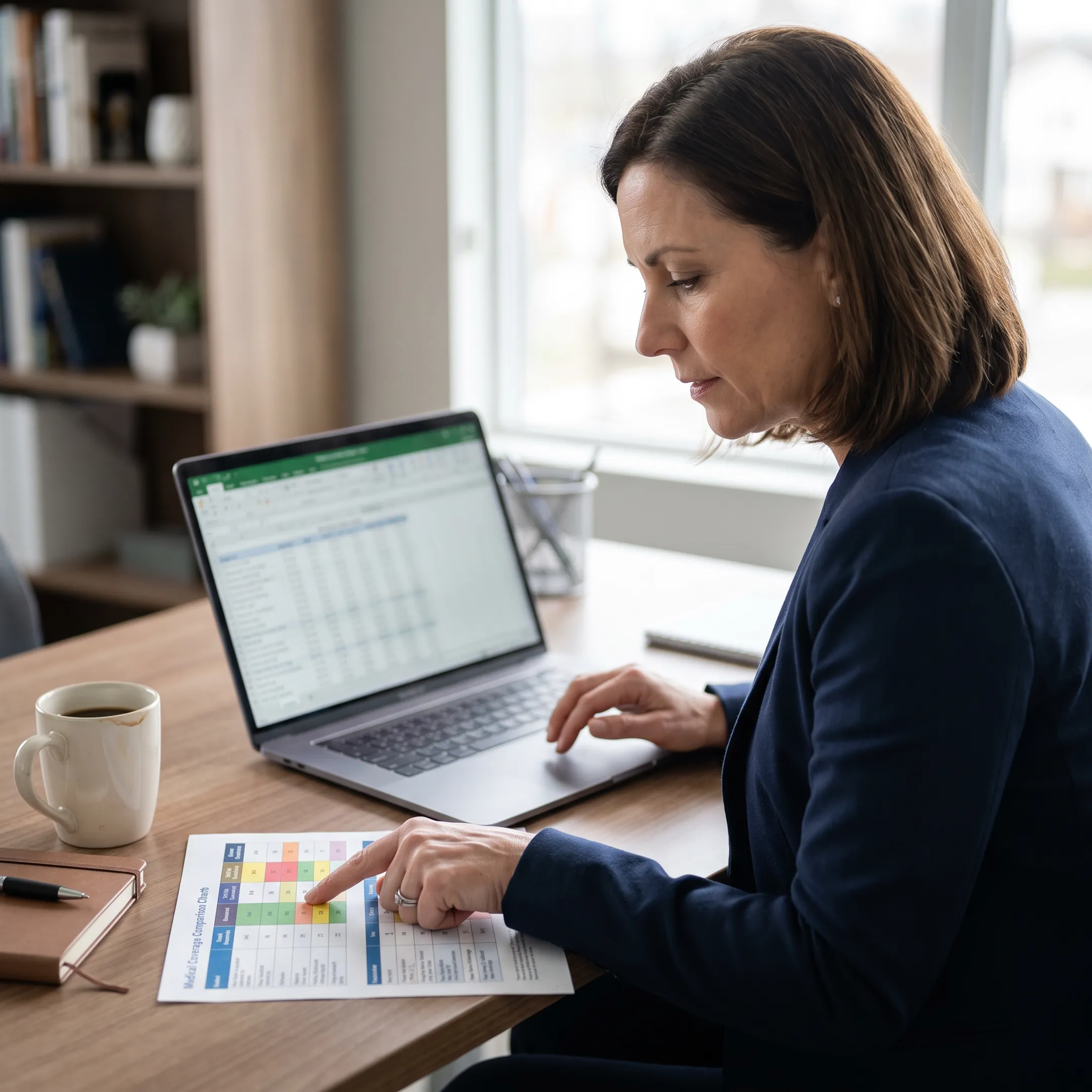 Independent health insurance broker reviewing individual healthcare plan options on a laptop