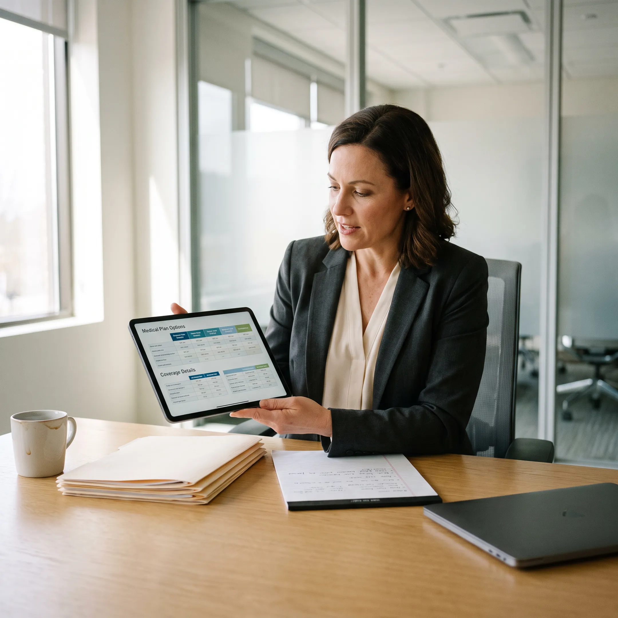 Independent health insurance broker reviewing health plan comparisons on a tablet