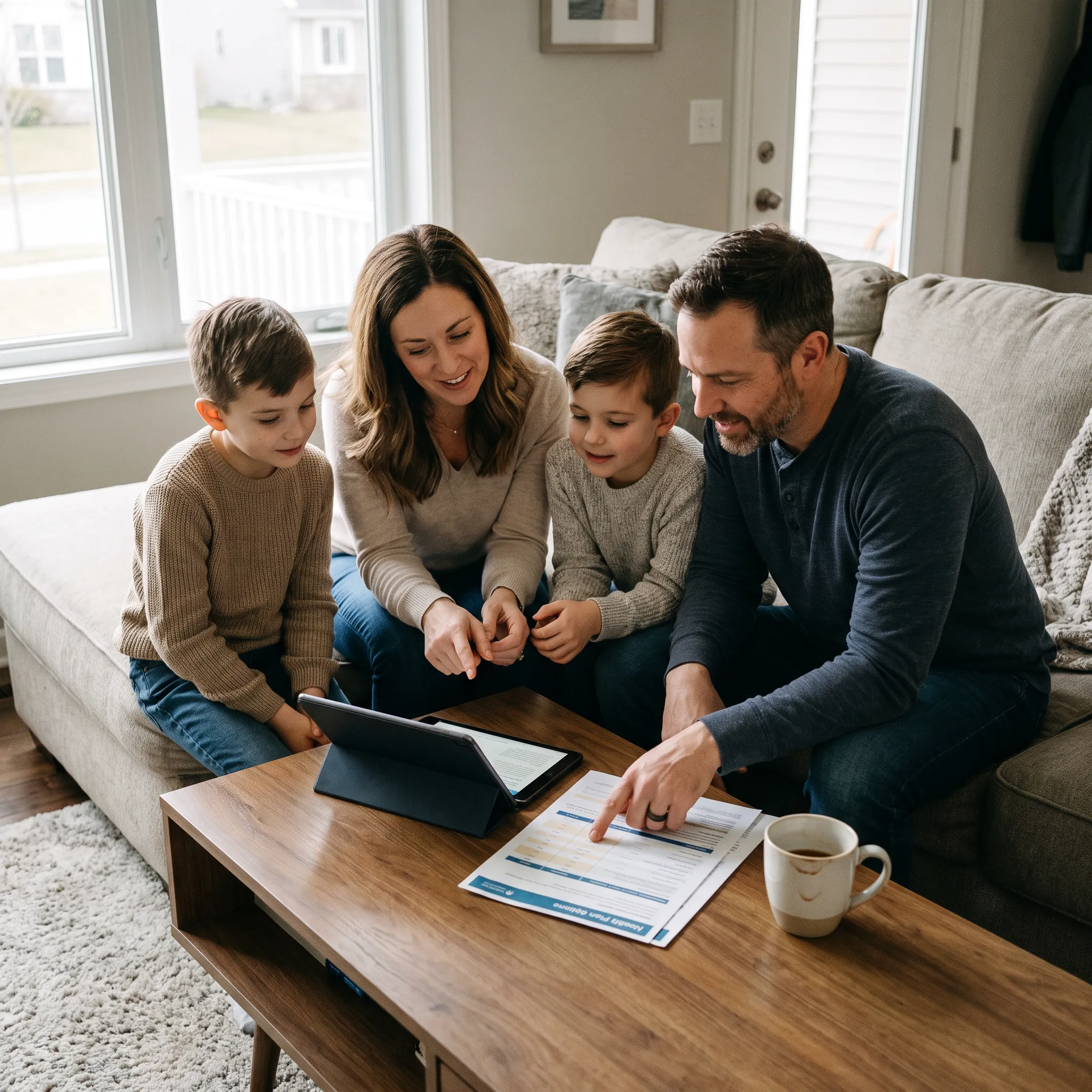 Family discussing managed care health insurance coverage options