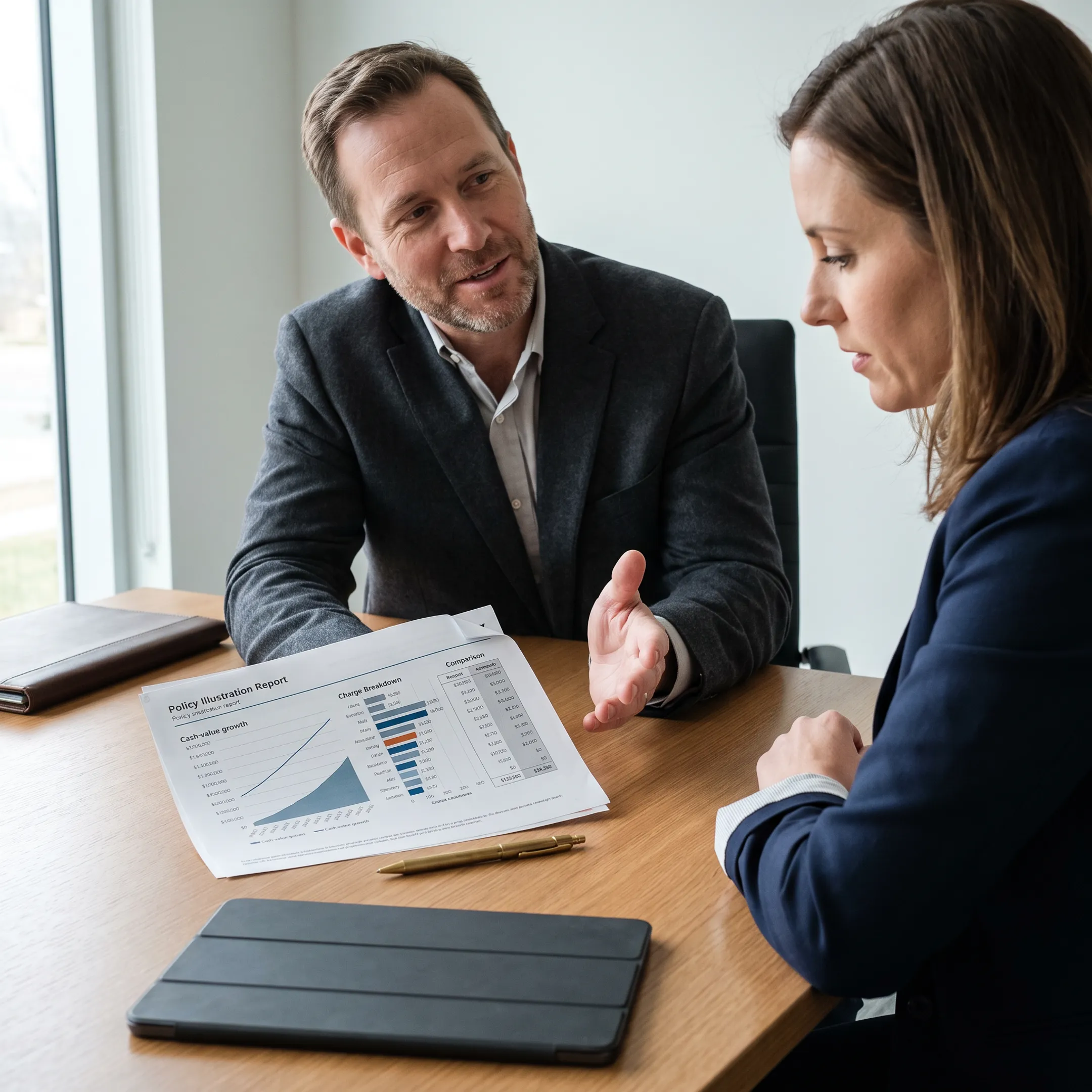 Advisor explaining IUL cash value and policy design options