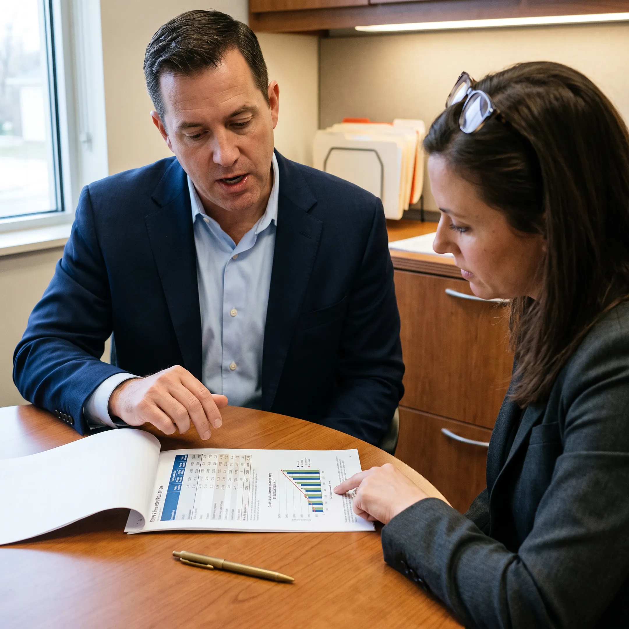 Advisor explaining IUL cash value and death benefit options