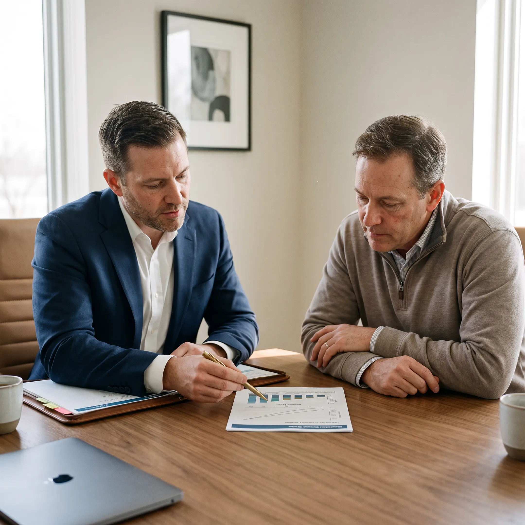 Advisor explaining an IUL executive bonus plan to a business owner and executive