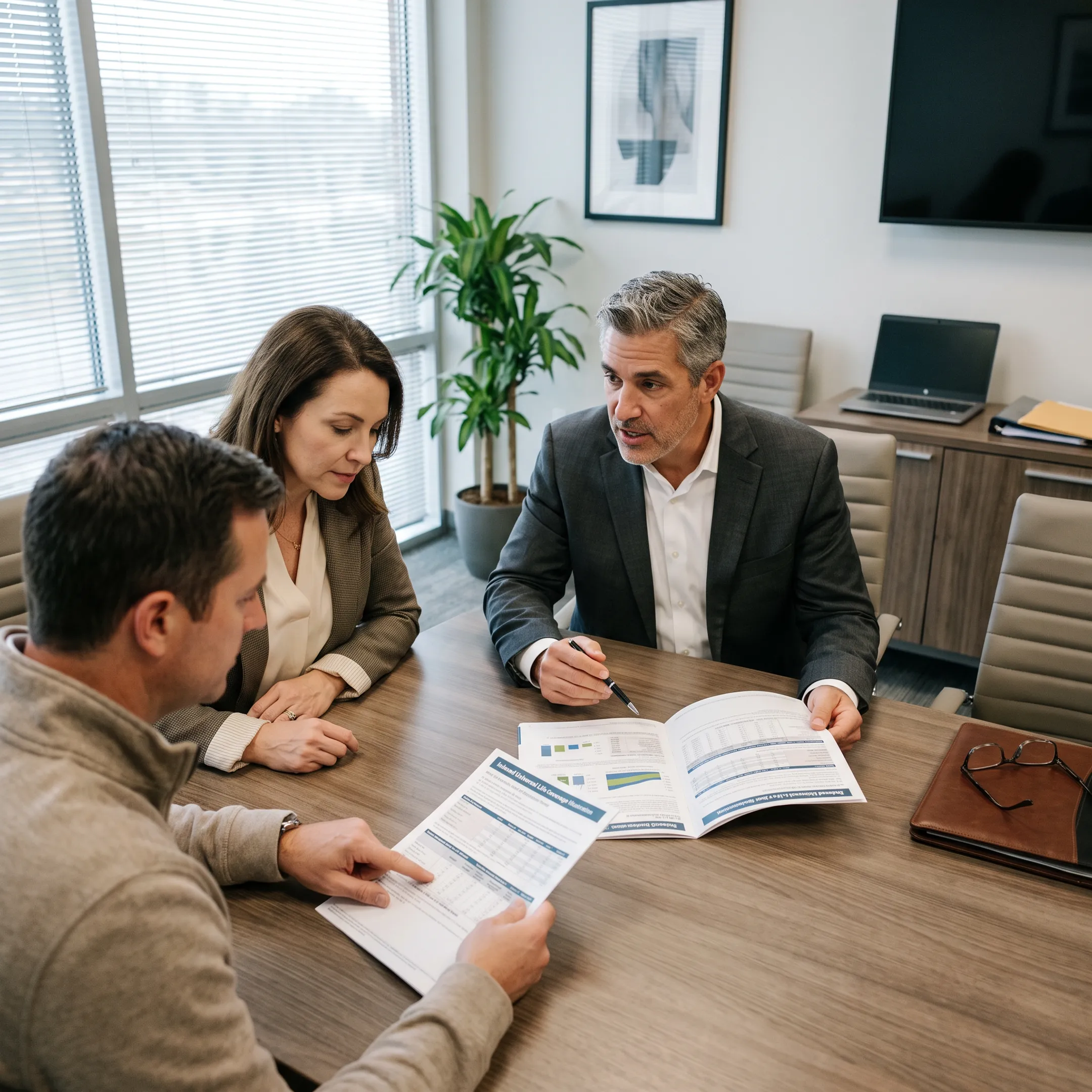 Advisor explaining IUL key person insurance to business owners