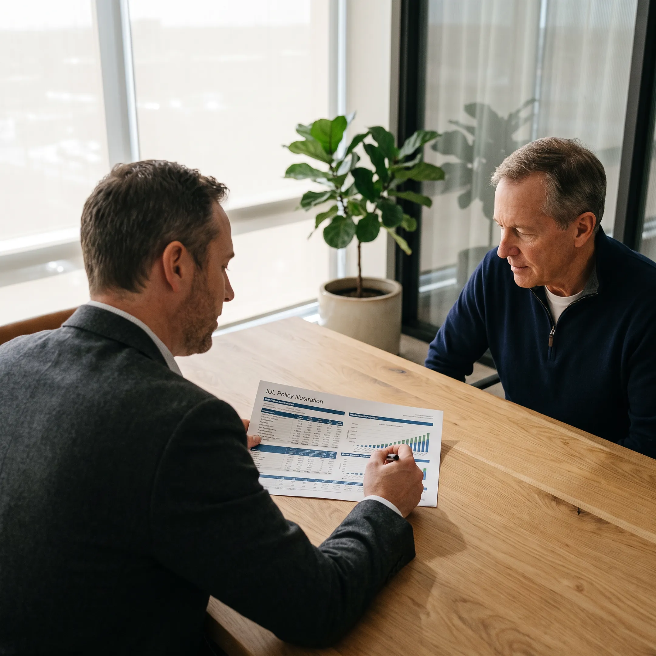 Business succession strategy discussion involving an IUL policy illustration