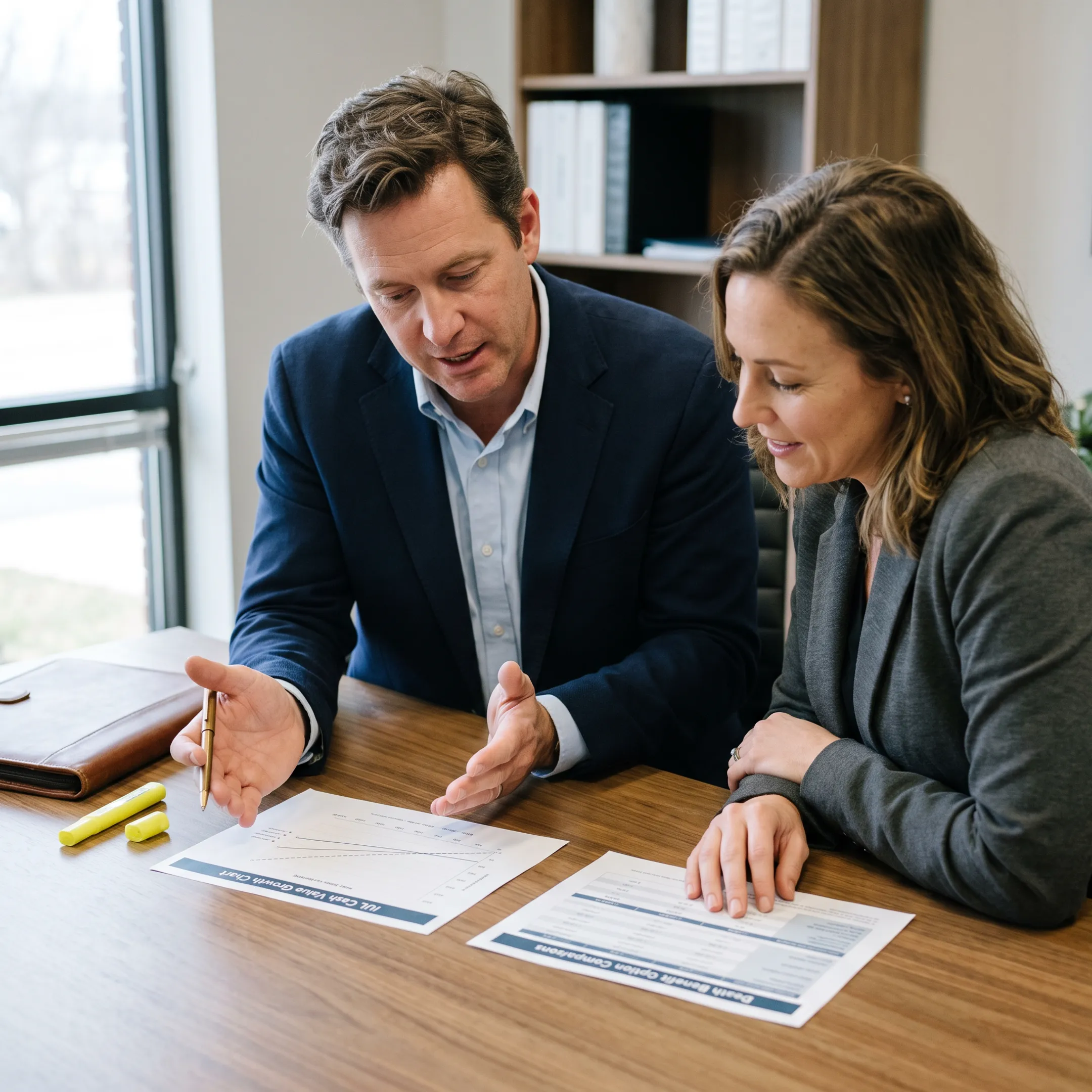 Advisor explaining IUL policy charges and index crediting to a client