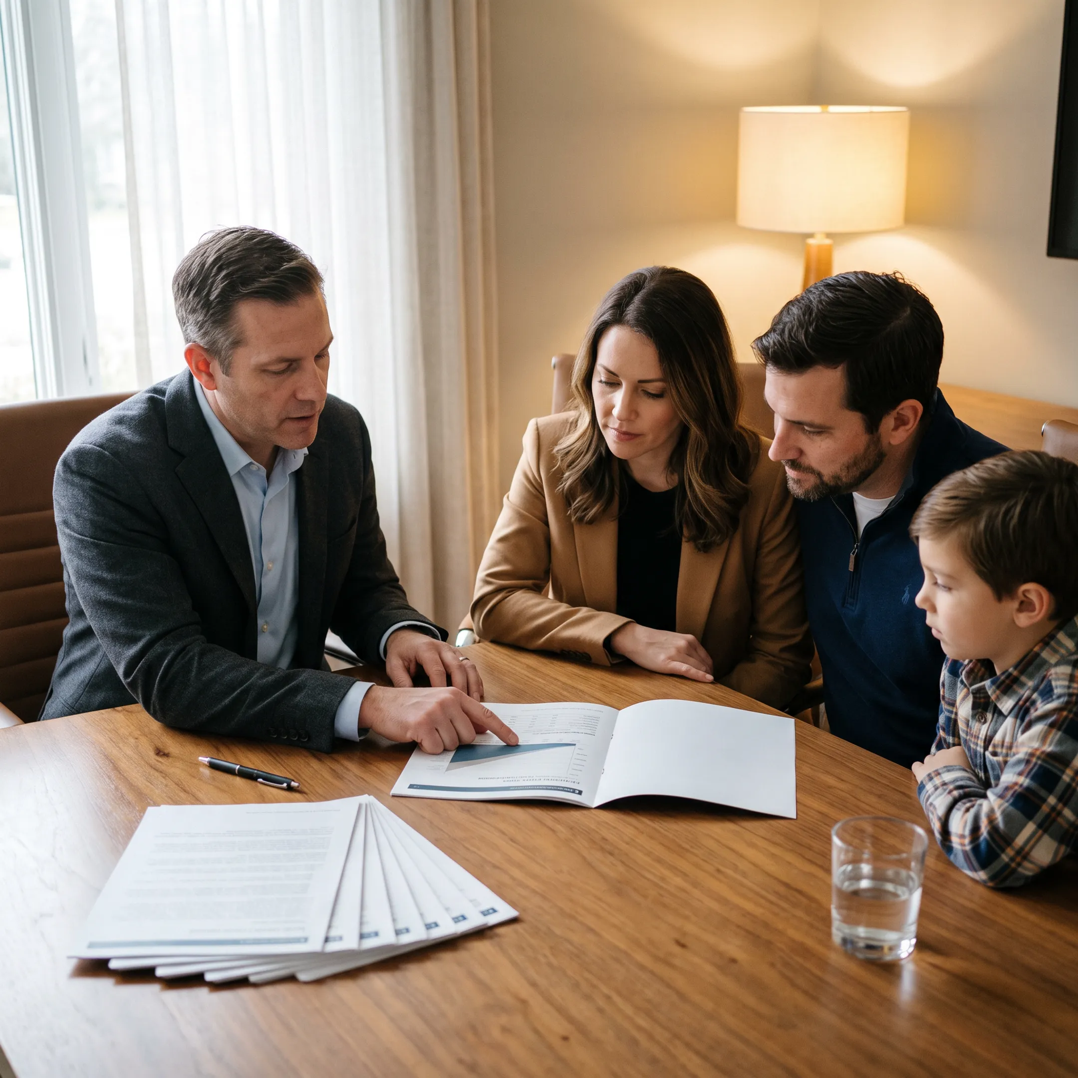 Financial professional explaining IUL benefits and policy charges to a family