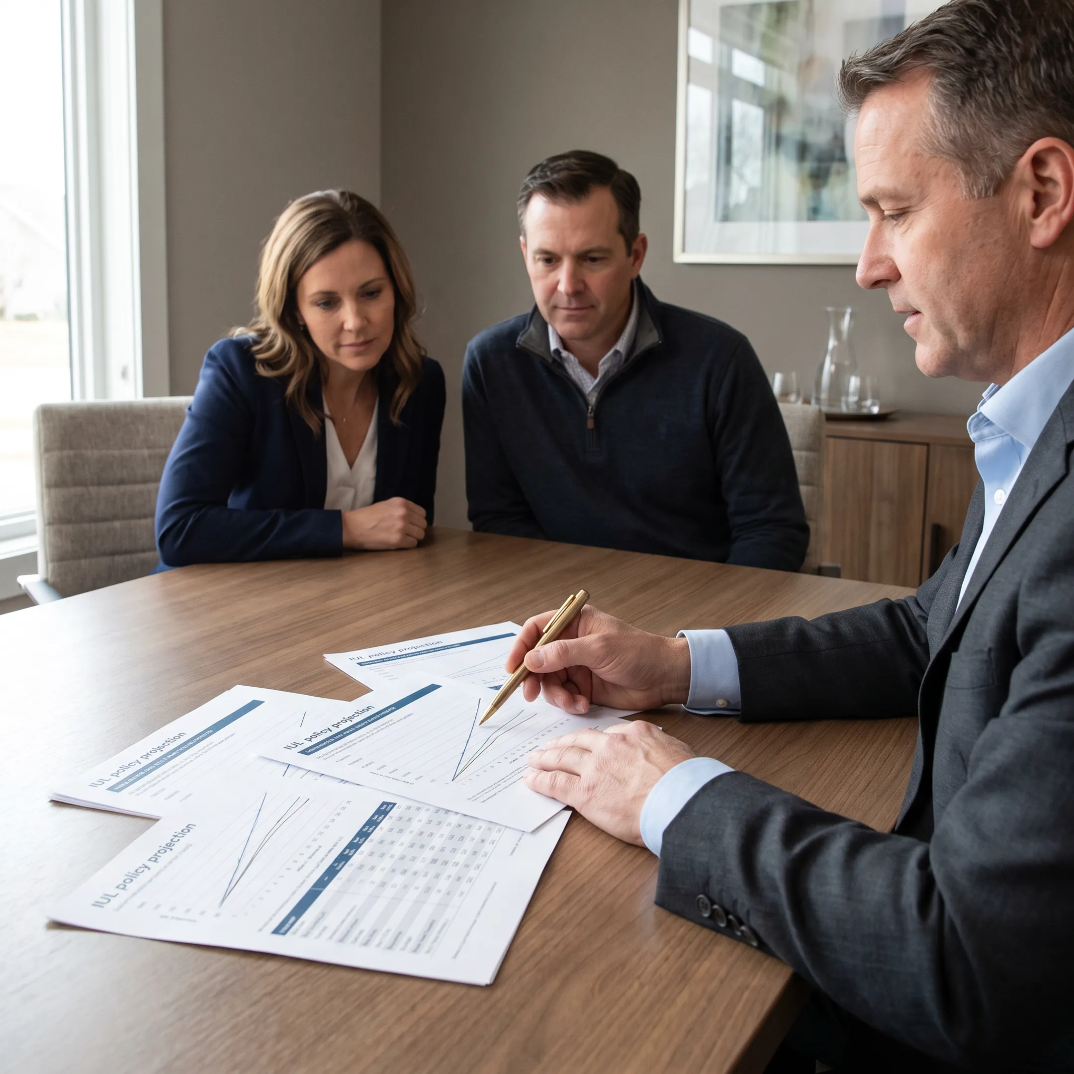 Advisor explaining indexed universal life policy options to an affluent couple