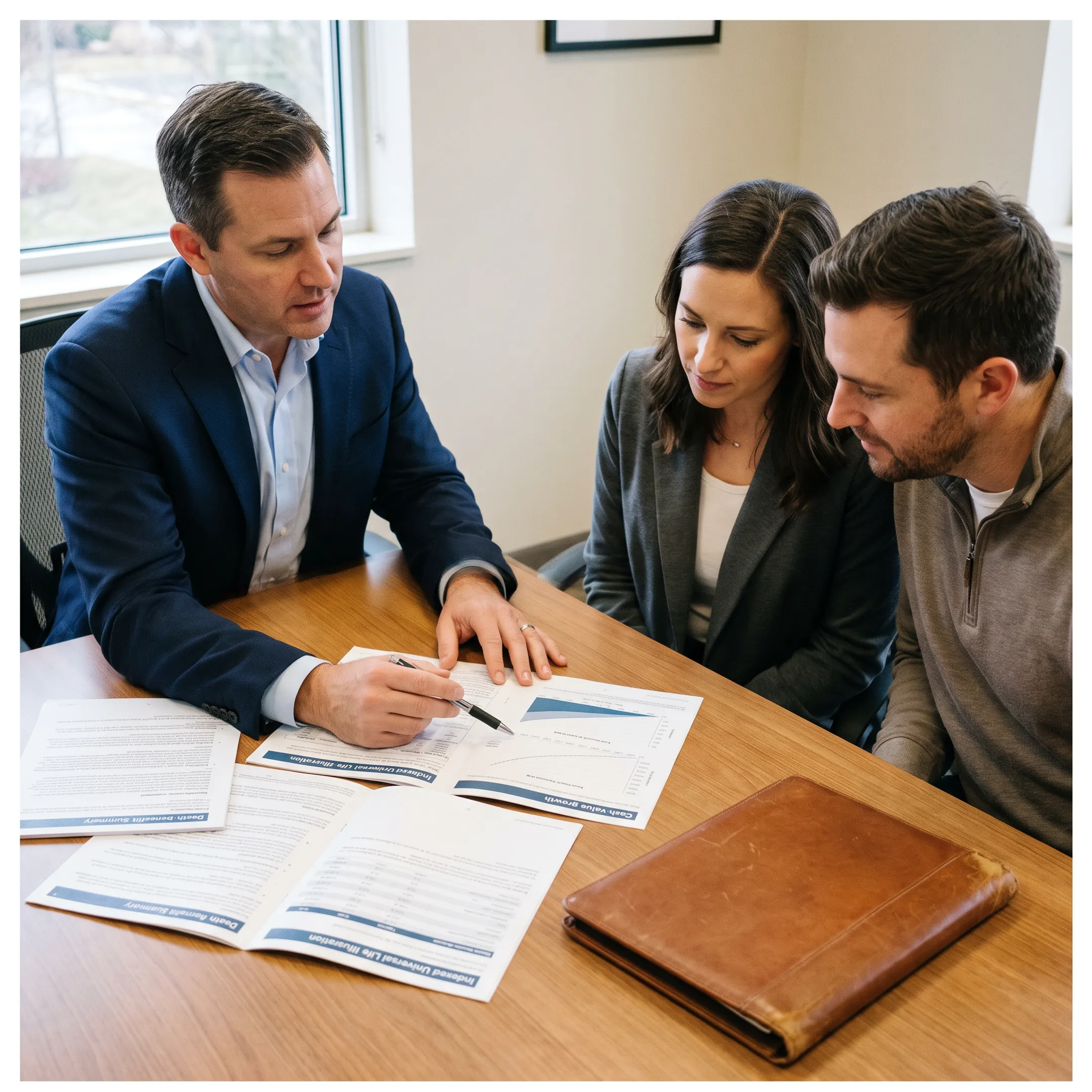 Advisor explaining IUL policy features during an estate planning consultation