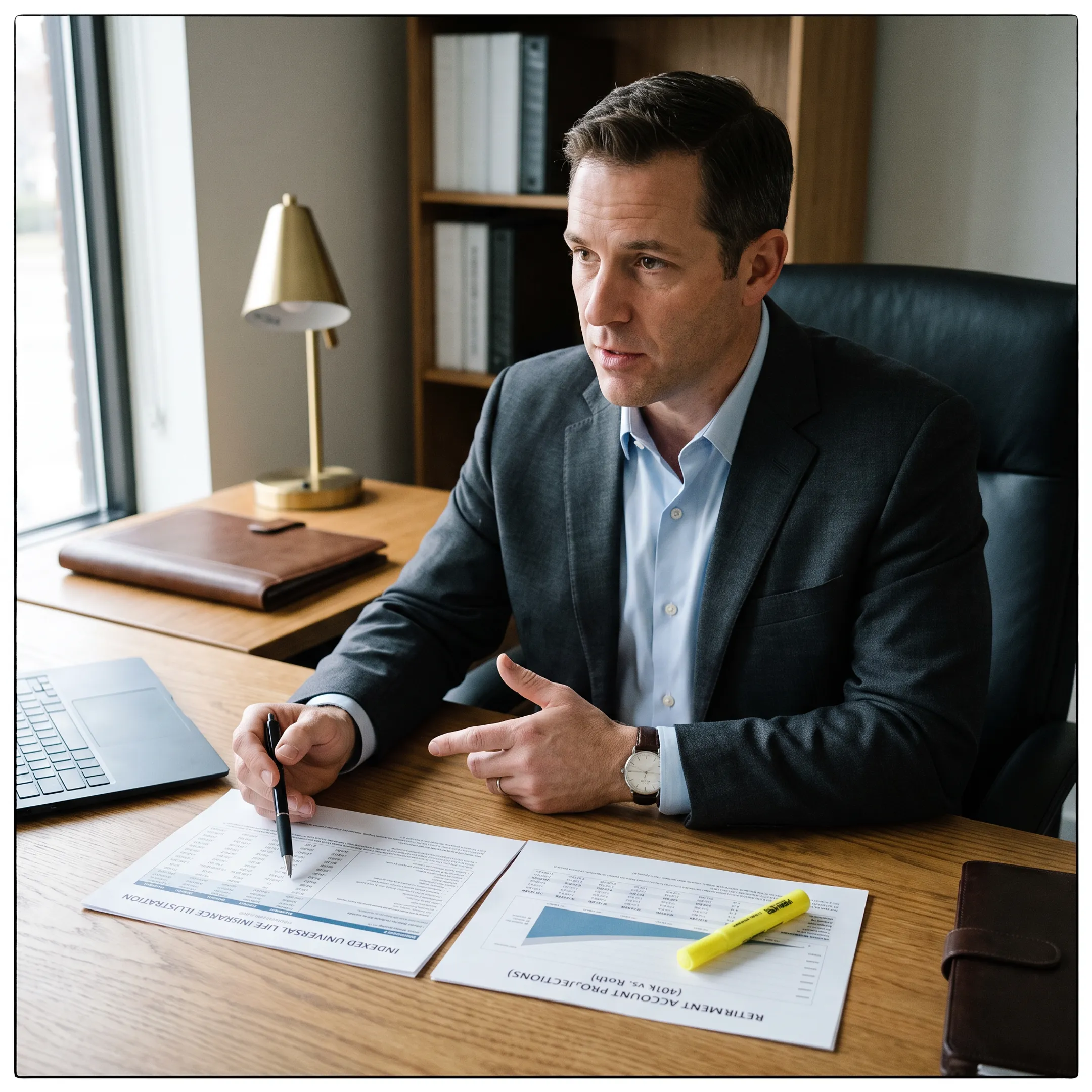 Financial professional comparing IUL policy illustrations and retirement strategies