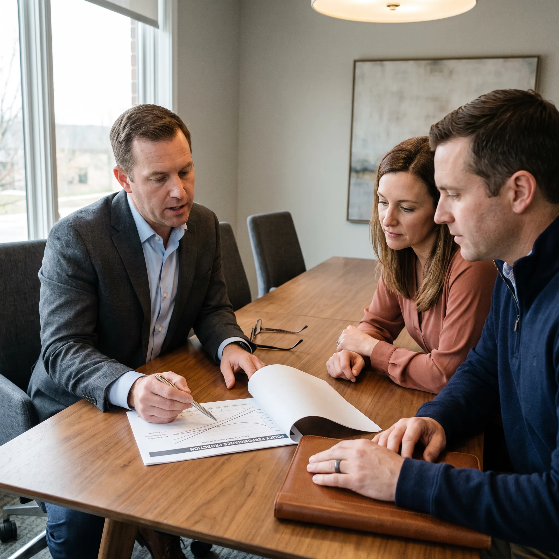 Advisor explaining IUL cash value and protection features