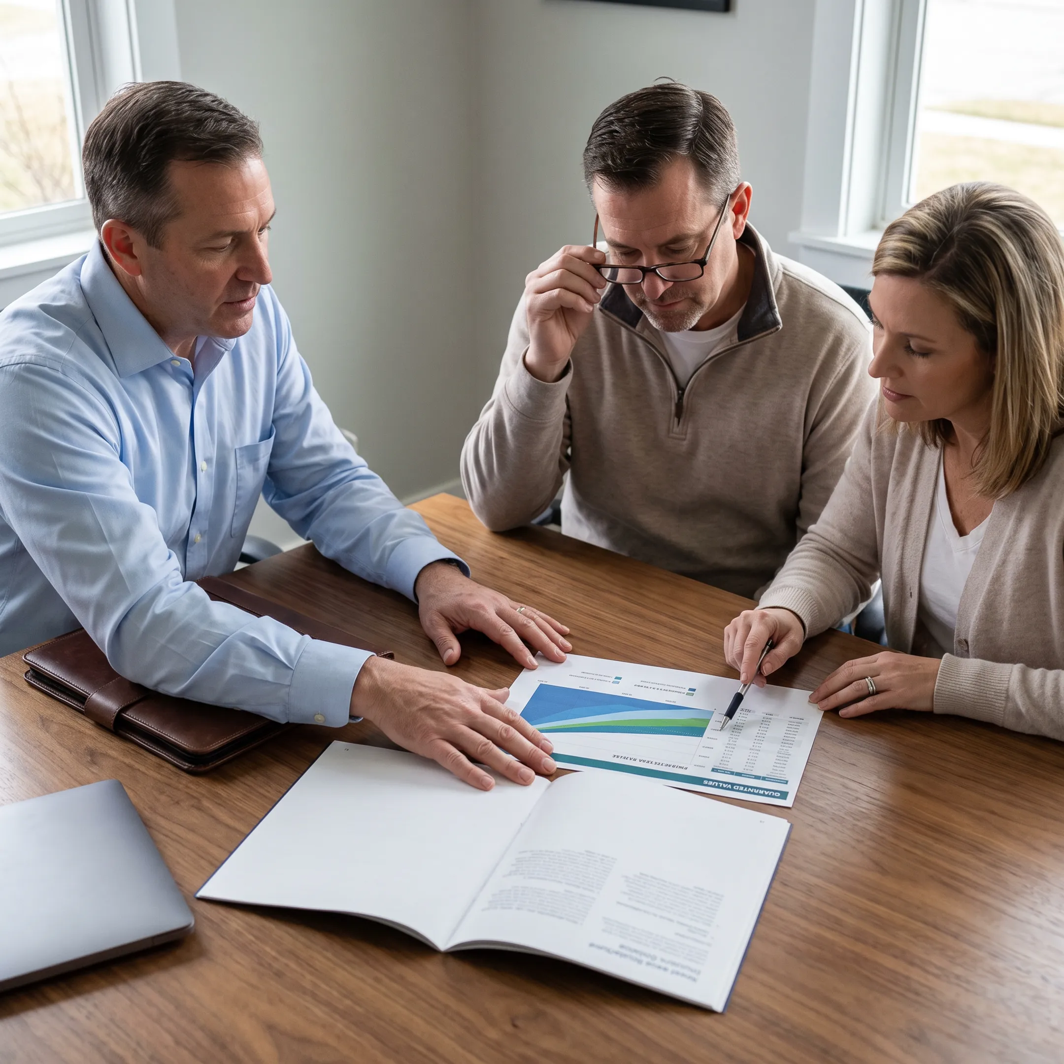 Life insurance advisor explaining illustrated and guaranteed IUL values to a couple