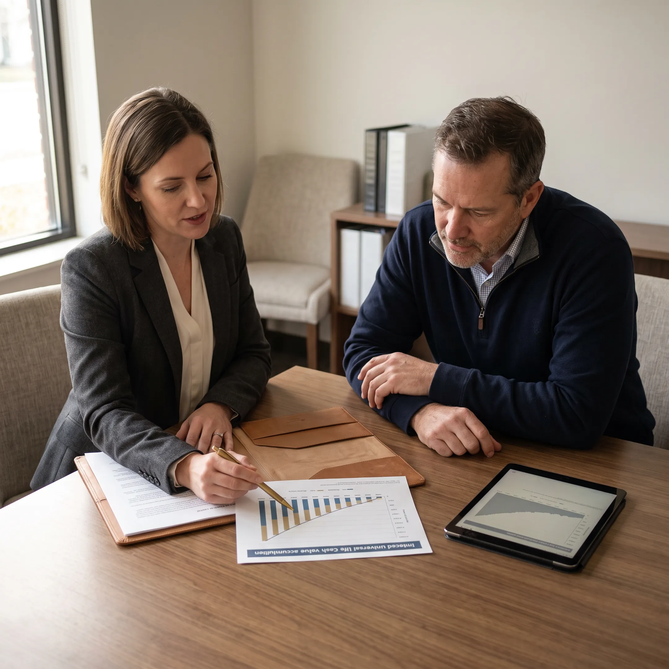 Client comparing IUL retirement options with an insurance advisor
