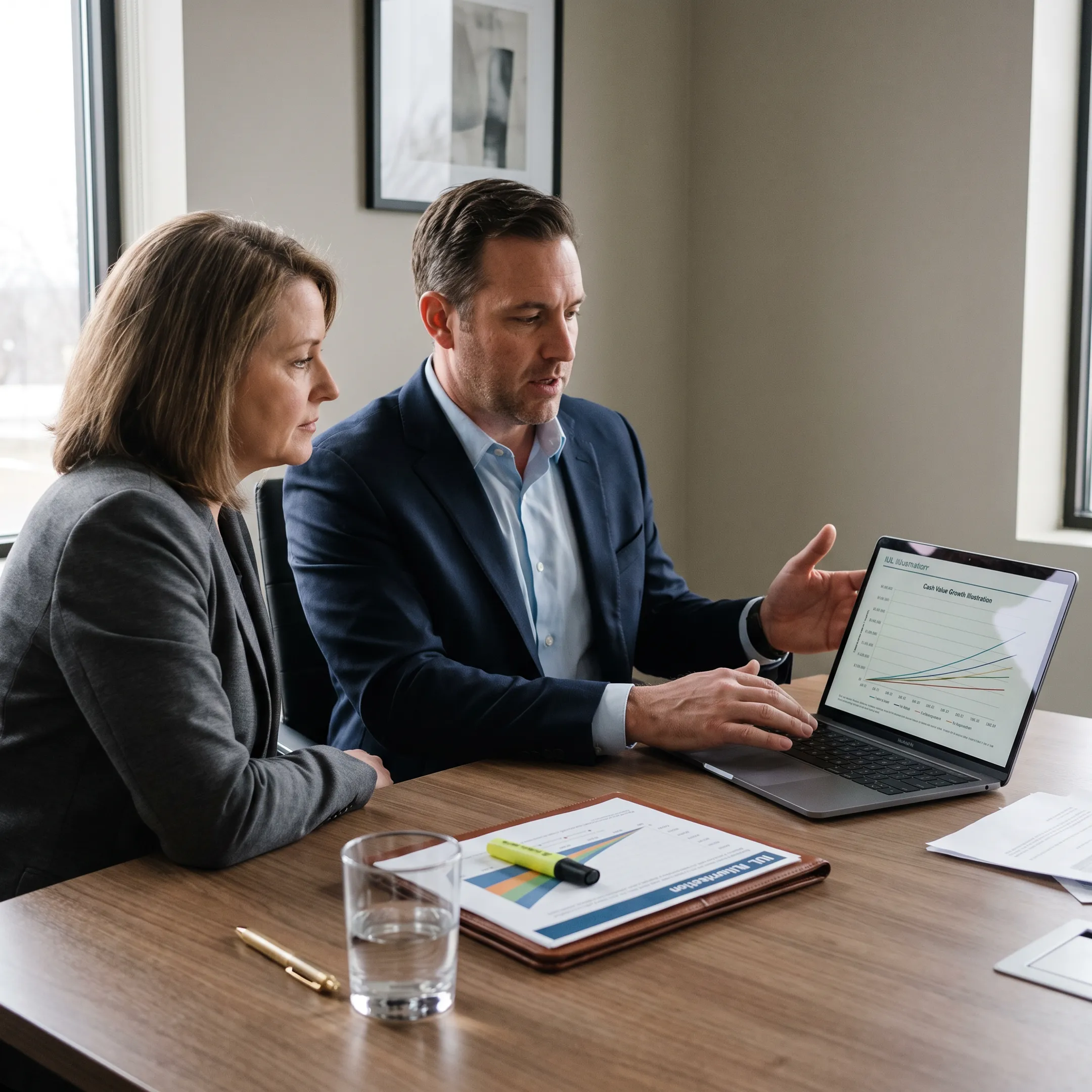 Financial advisor explaining an IUL illustration on a laptop