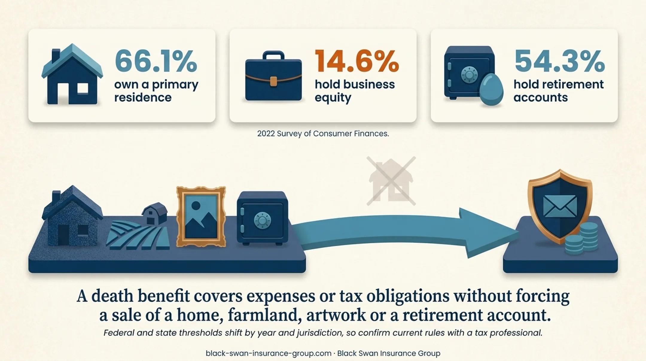 Family asset ownership statistics and life insurance liquidity infographic