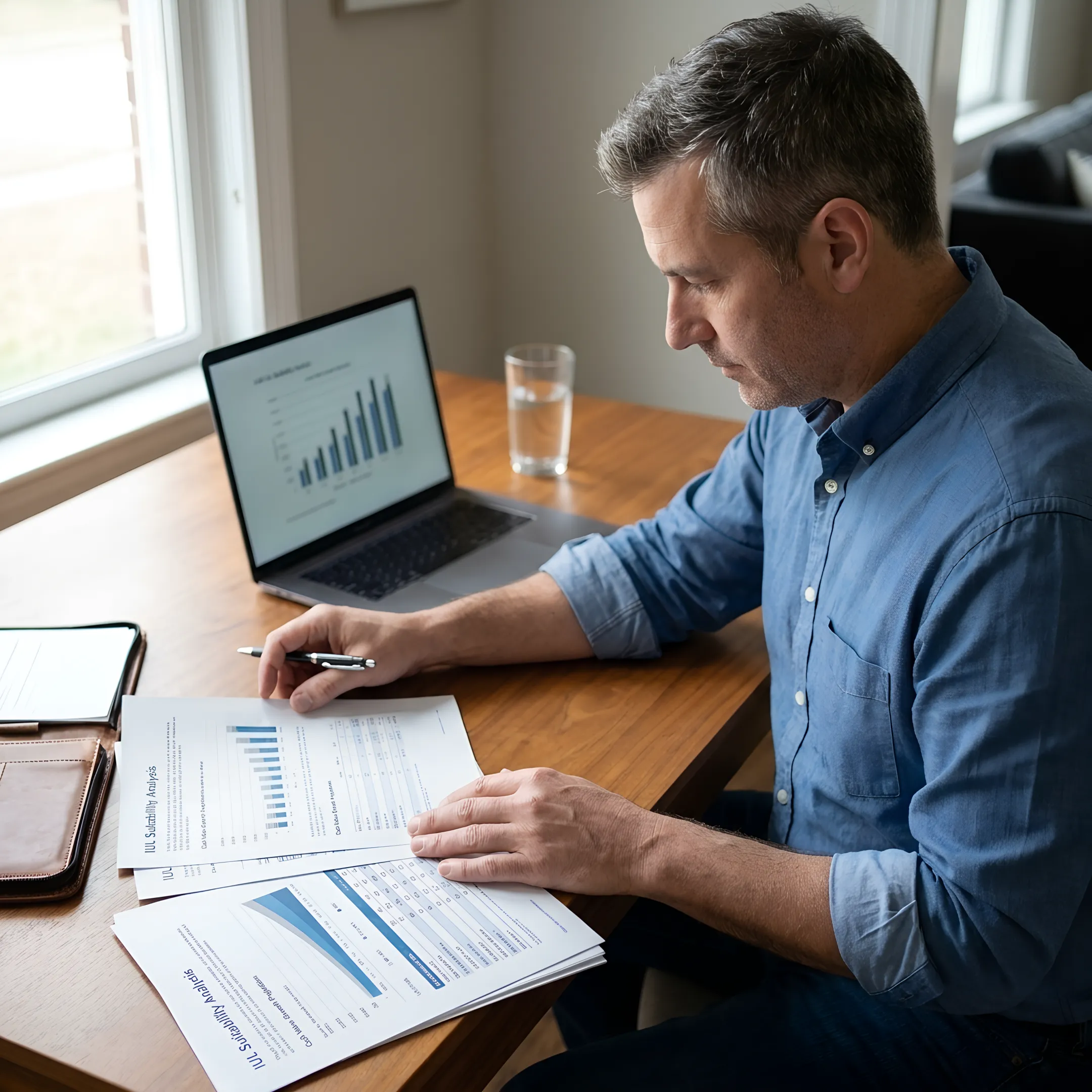 Physician comparing IUL policy options and financial planning documents